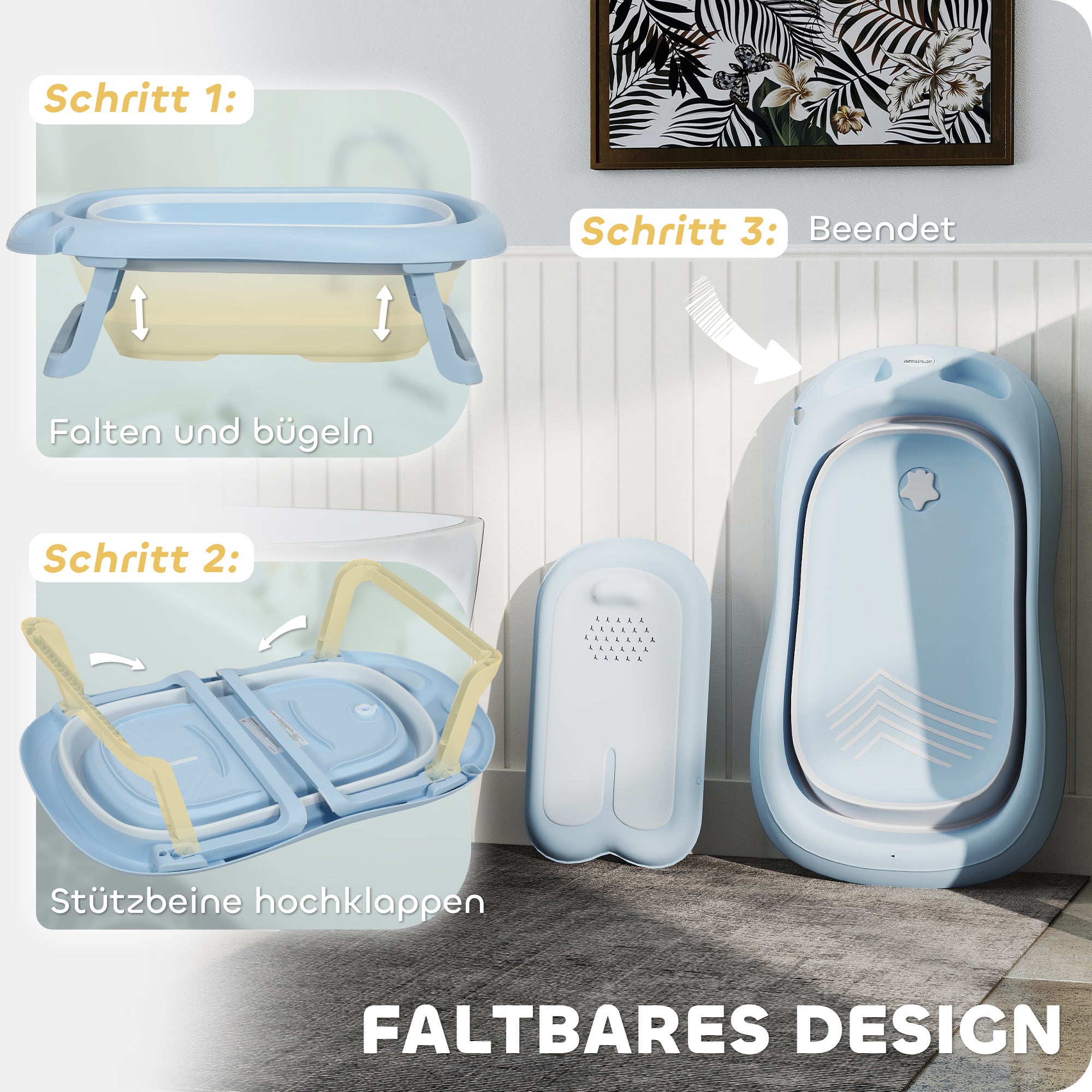 AIYAPLAY Babybadewanne, faltbar, rutschfester Boden, sichere Materialien, 83L x 48B x 23,5H cm, Hellblau