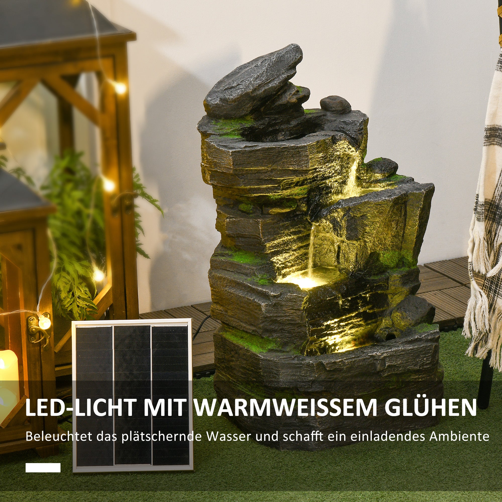 Outsunny Gartenbrunnen, Steinoptik, 4-stufig, Solarbetrieb, LEDs, 57cm Höhe, Kunstharz, Grau/Braun