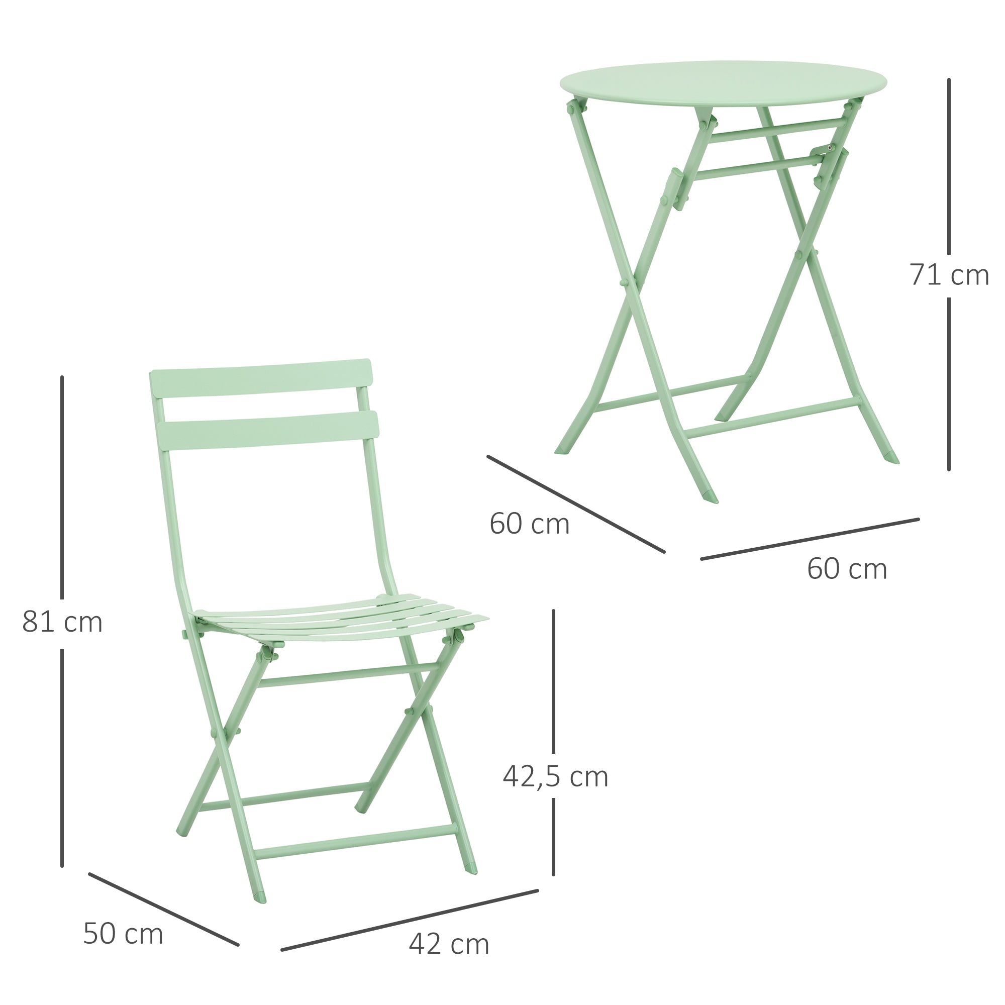 Outsunny Gartenset für 2 Personen Garnitur Balkonmöbel Set Bistrotisch mit 2 Stühlen  für Hof Garten klappbar Grün