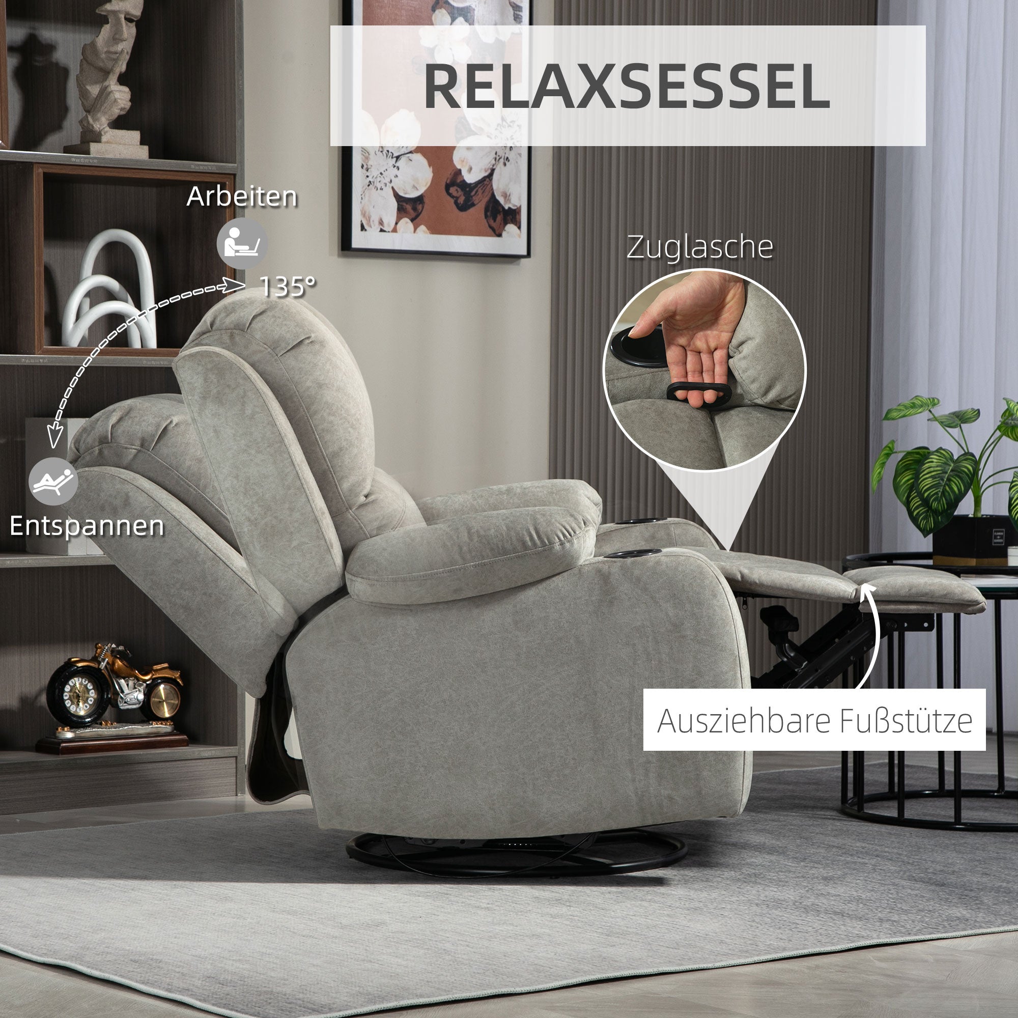 HOMCOM Relaxsessel mit Fußstütze und Liegefunktion, inkl. Getränkehalter, bis 150 kg, Braun