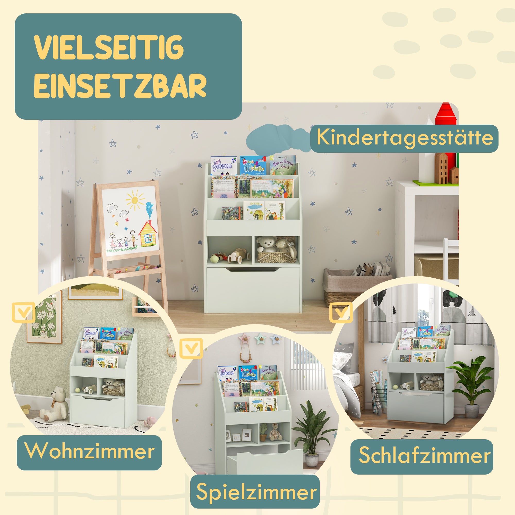 HOMCOM Kinderregal mit Schublade, Bücherregal mit Fächern, 60 x 29,9 x 90 cm, Grün