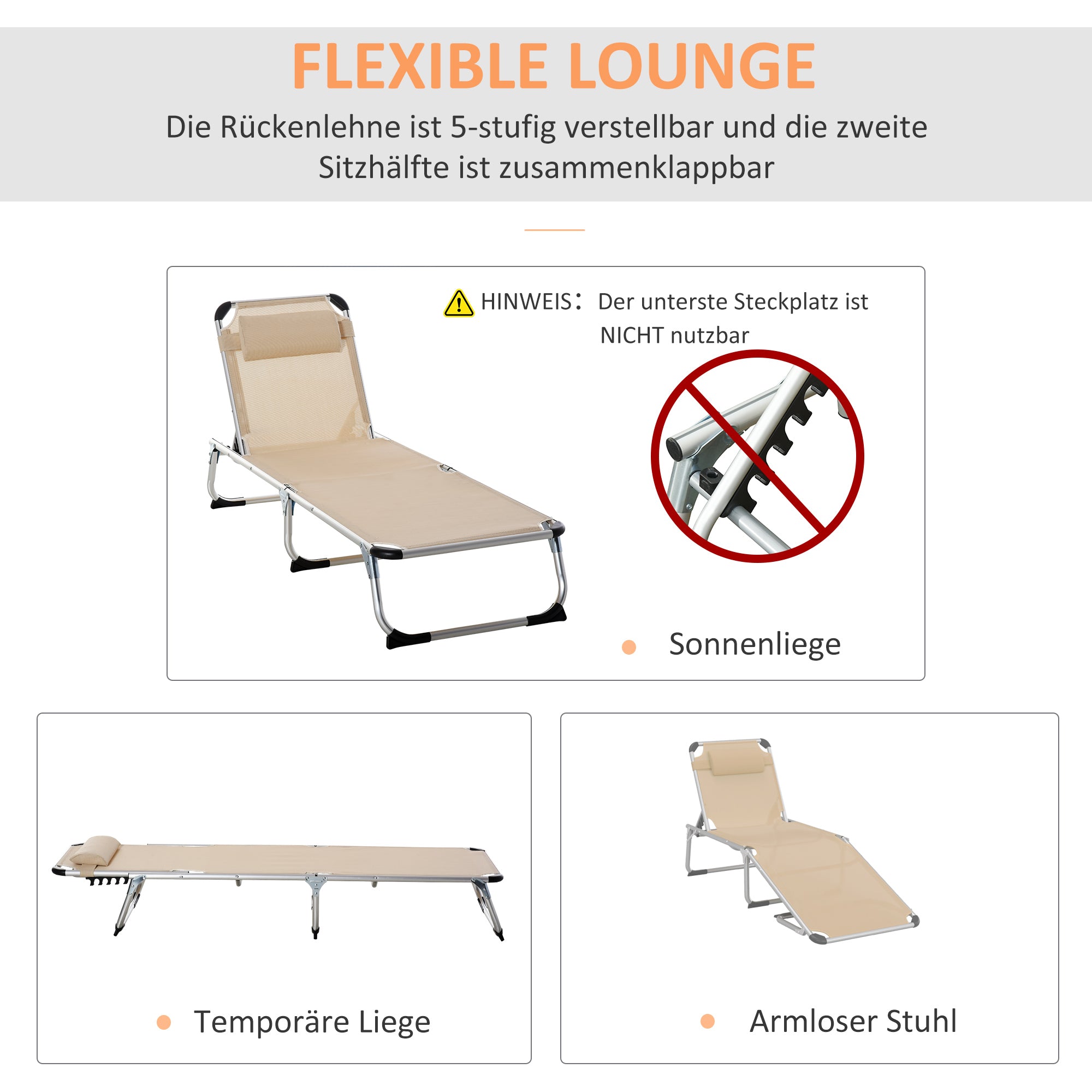 Outsunny Sonnenliege faltbar Gartenliege mit Kopfkissen ergonomisch Relaxliege mit 4-stufig verstellbaren Rückenlehne Alu bis 120 kg belastbar für Garten, Terrasse, Pool, , Strand,Beige