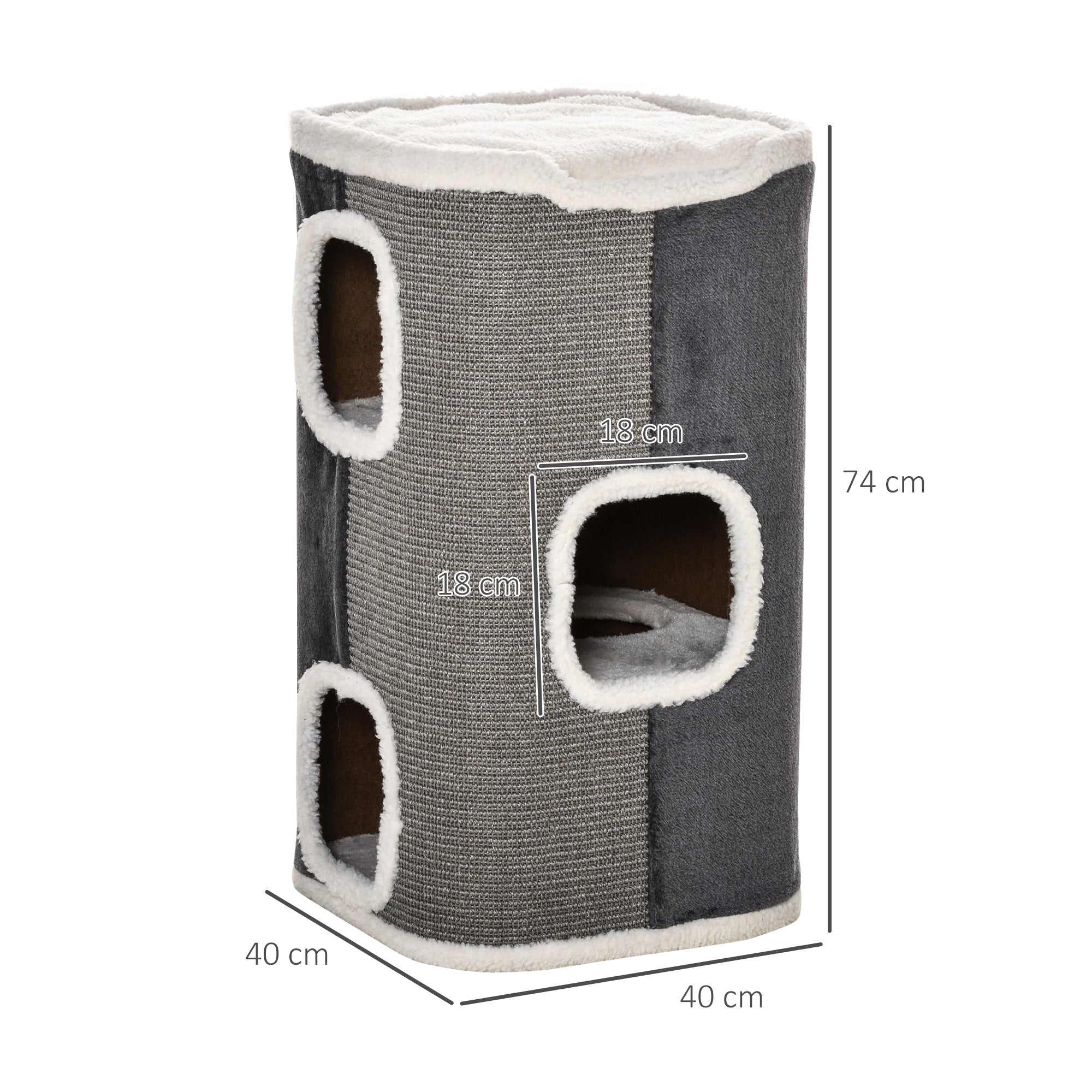 PawHut Kratztonne für Katzen Katzenkratzbaum 3 Ebenen Katzenbaum Kletterbaum für Katzen Katzenmöbel Spanplatte samtartiges Polyester Sisal Grau+Weiß 40 x 40 x 74 cm