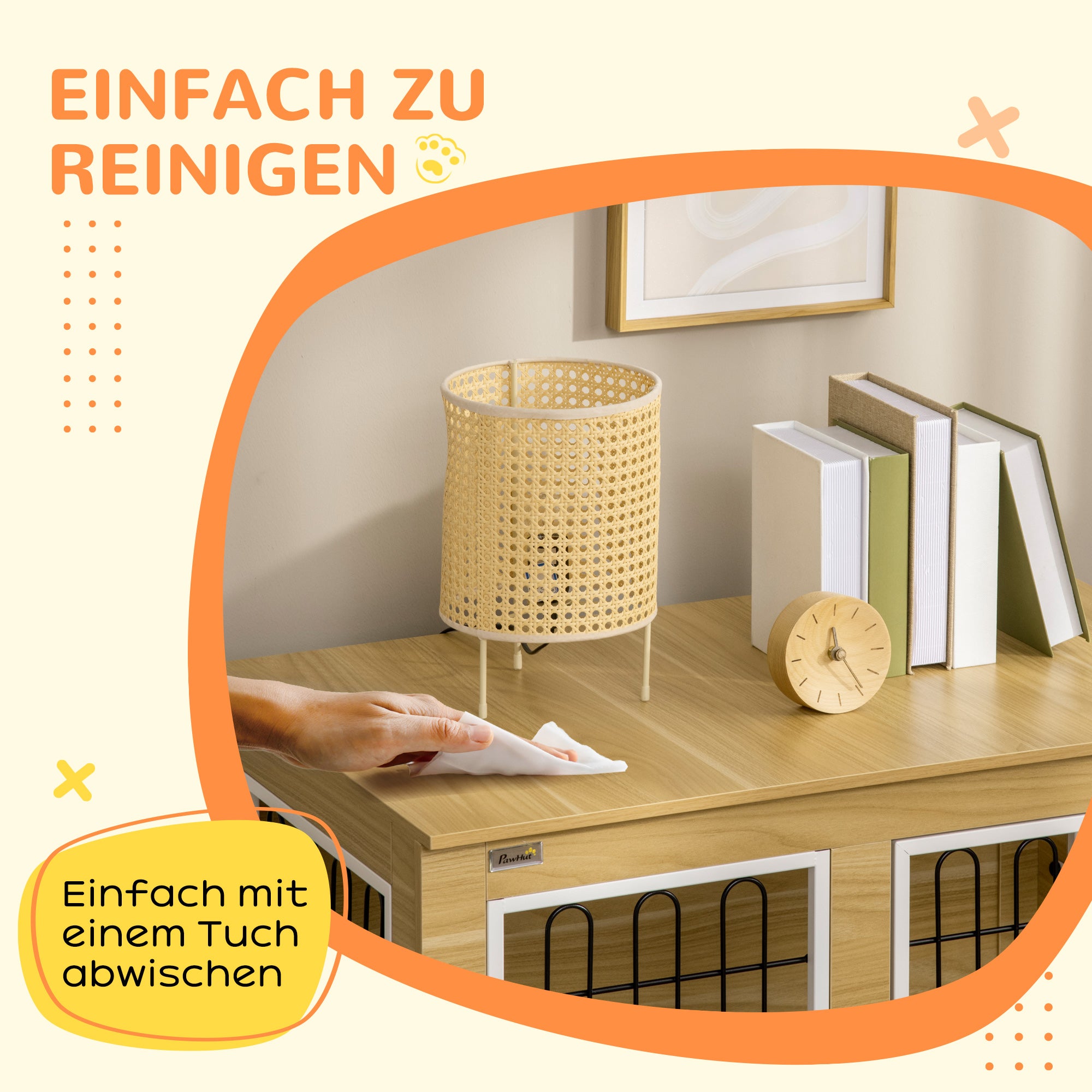PawHut Hundekäfig, waschbares Kissen, Hundebox, 2 Verriegelungen, 90 cm x 58 cm x 65 cm, Natur + Schwarz + Weiß