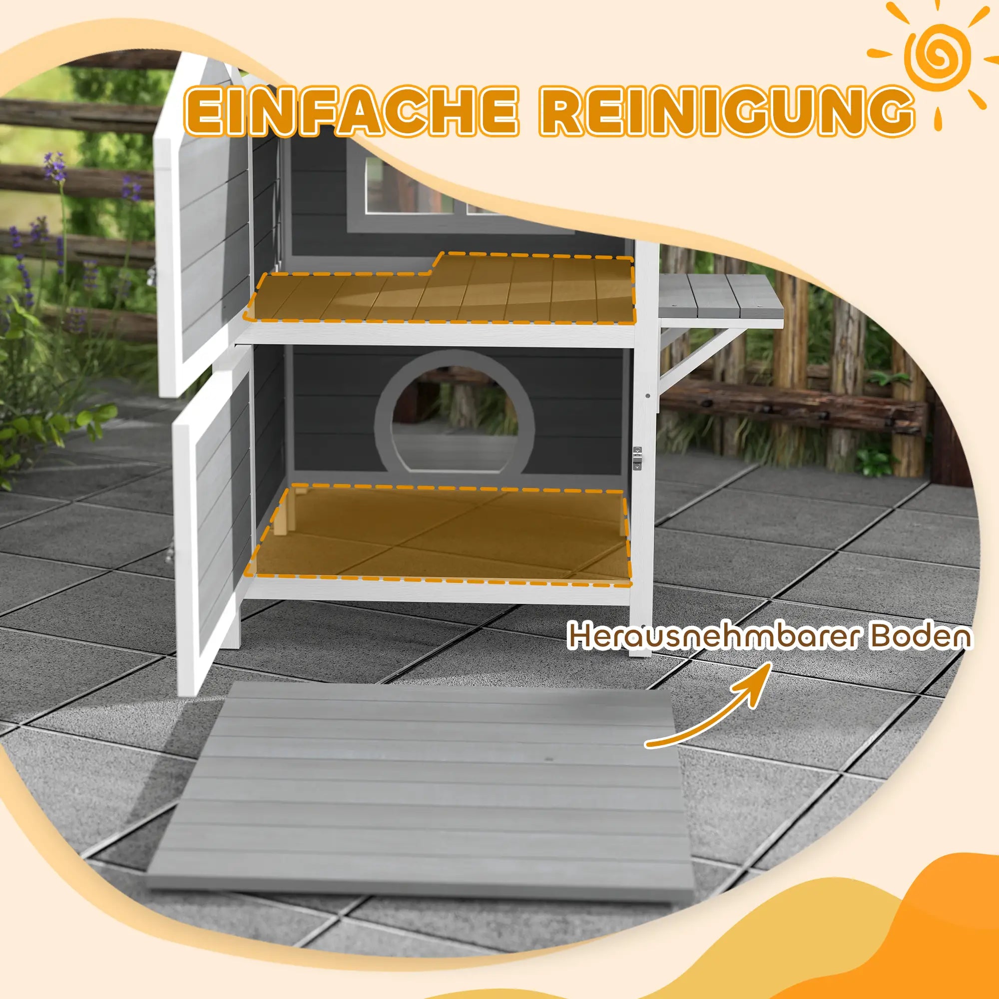 PawHut Katzenhaus aus Holz mit Balkon & Fenster, 2 Etagen, Grau