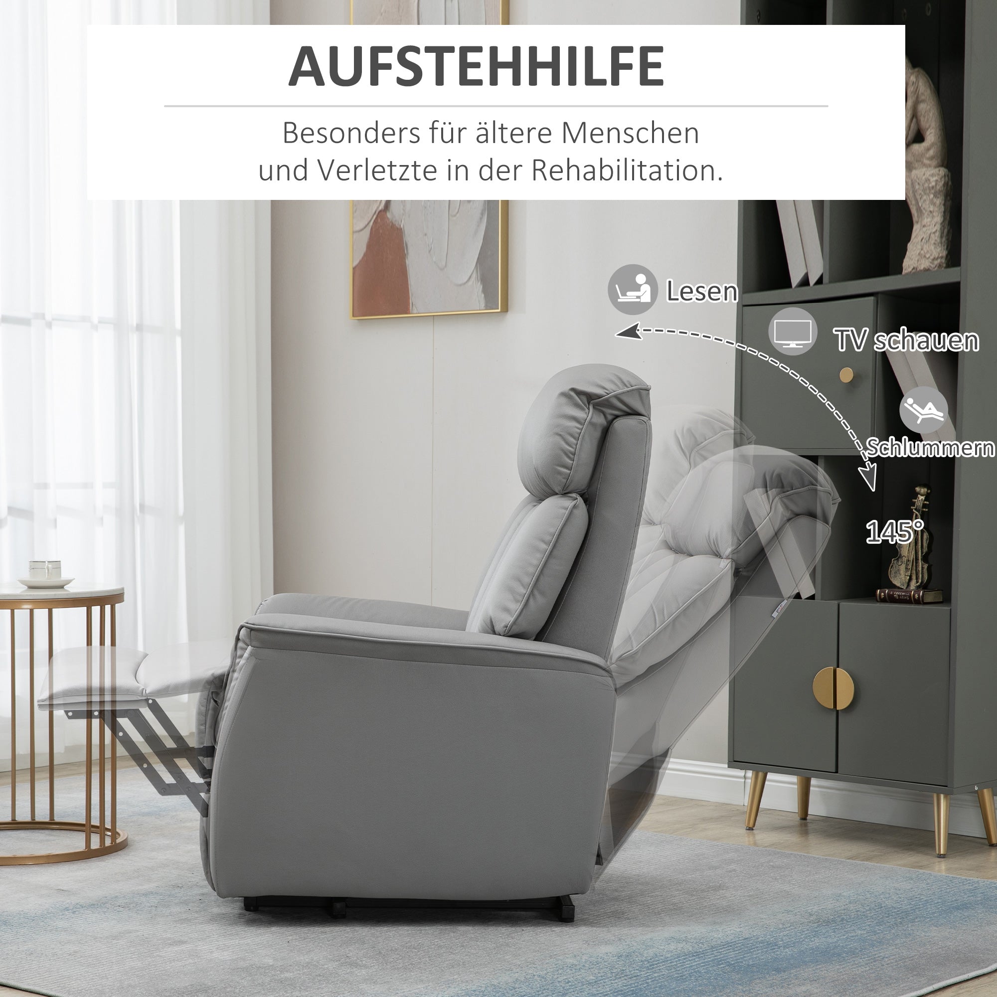 HOMCOM Aufstehsessel Relaxsessel Fernsehsessel, inkl. Kabelfernbedieung, 1 Seitentasche,  80 x 94 x 104 cm, Grau