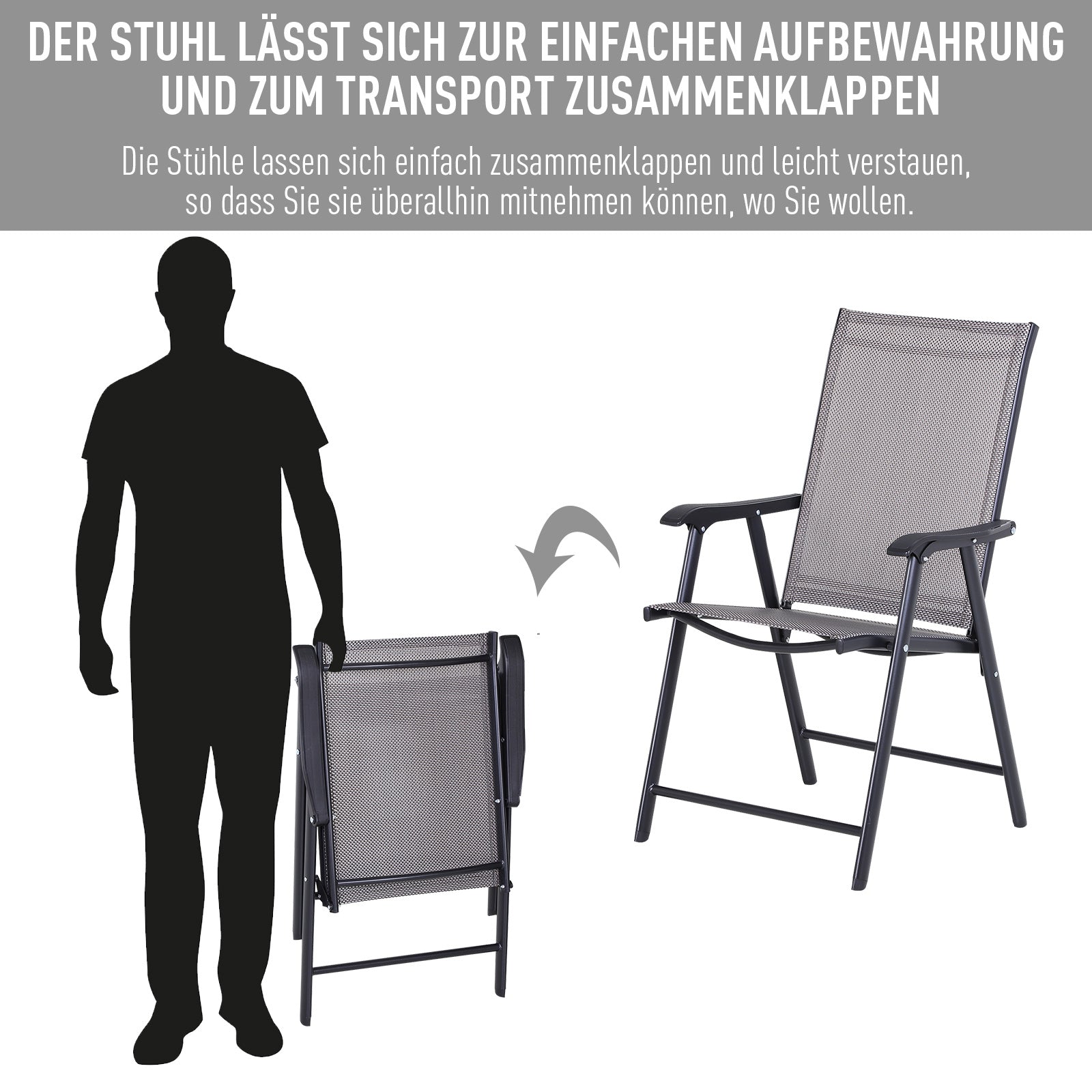 Outsunny Klappstuhl mit Armlehne 2er Set Campingstuhl Angelstuhl Metall Grau 58 x 64 x 94 cm