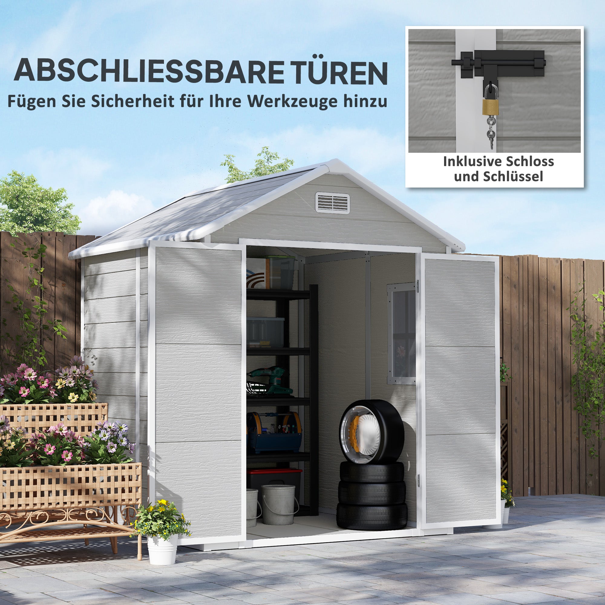 Outsunny Gartenschuppen, Geräteschuppen mit Boden, verschließbare Türen, Lüftungsöffnungen, Fenster, Holzoptik, Kunststoff, Grau