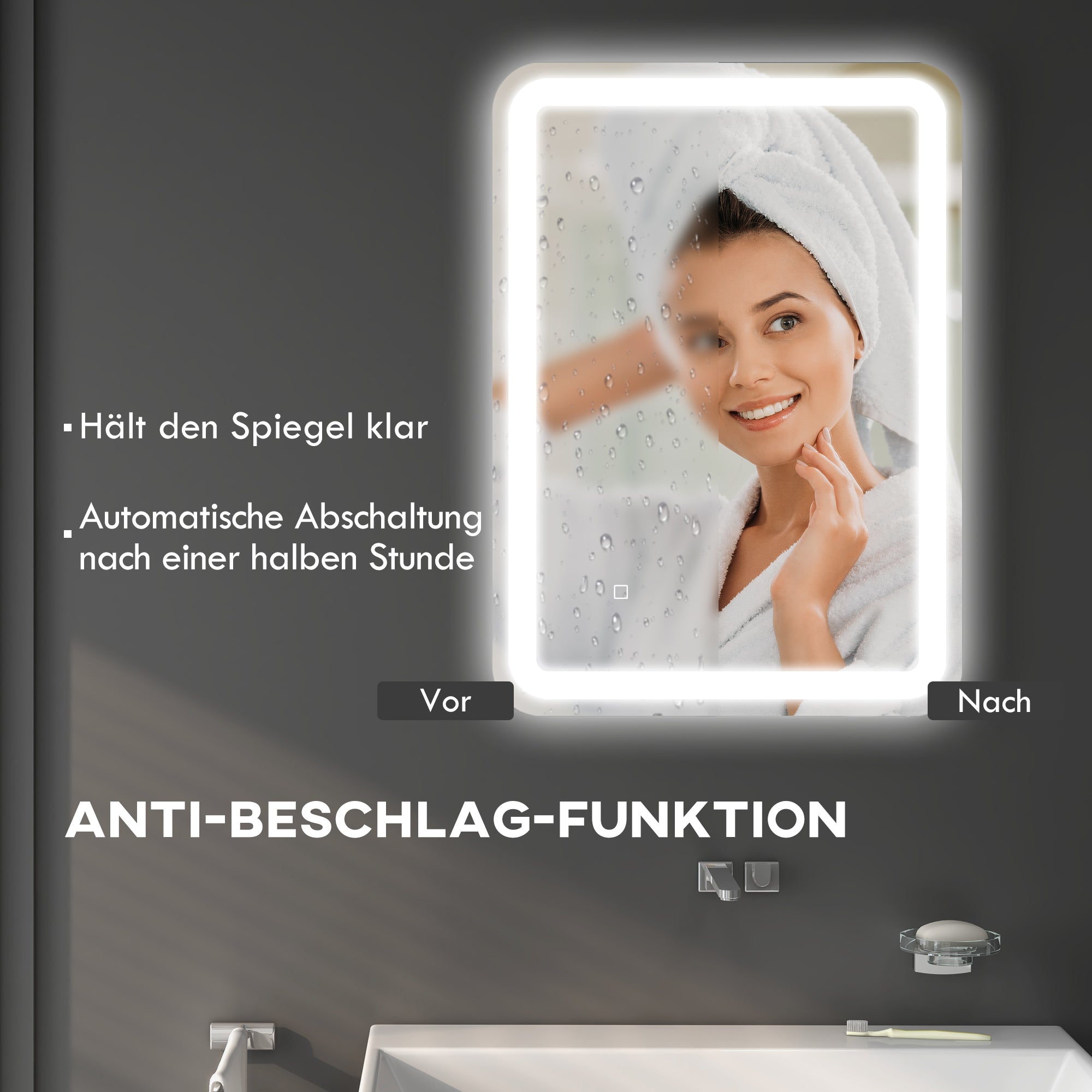 HOMCOM Badezimmerspiegel, beleuchtet, Touch-Steuerung, beschlagfrei, dimmbar, 3 Lichtfarben, 50x70, Silber