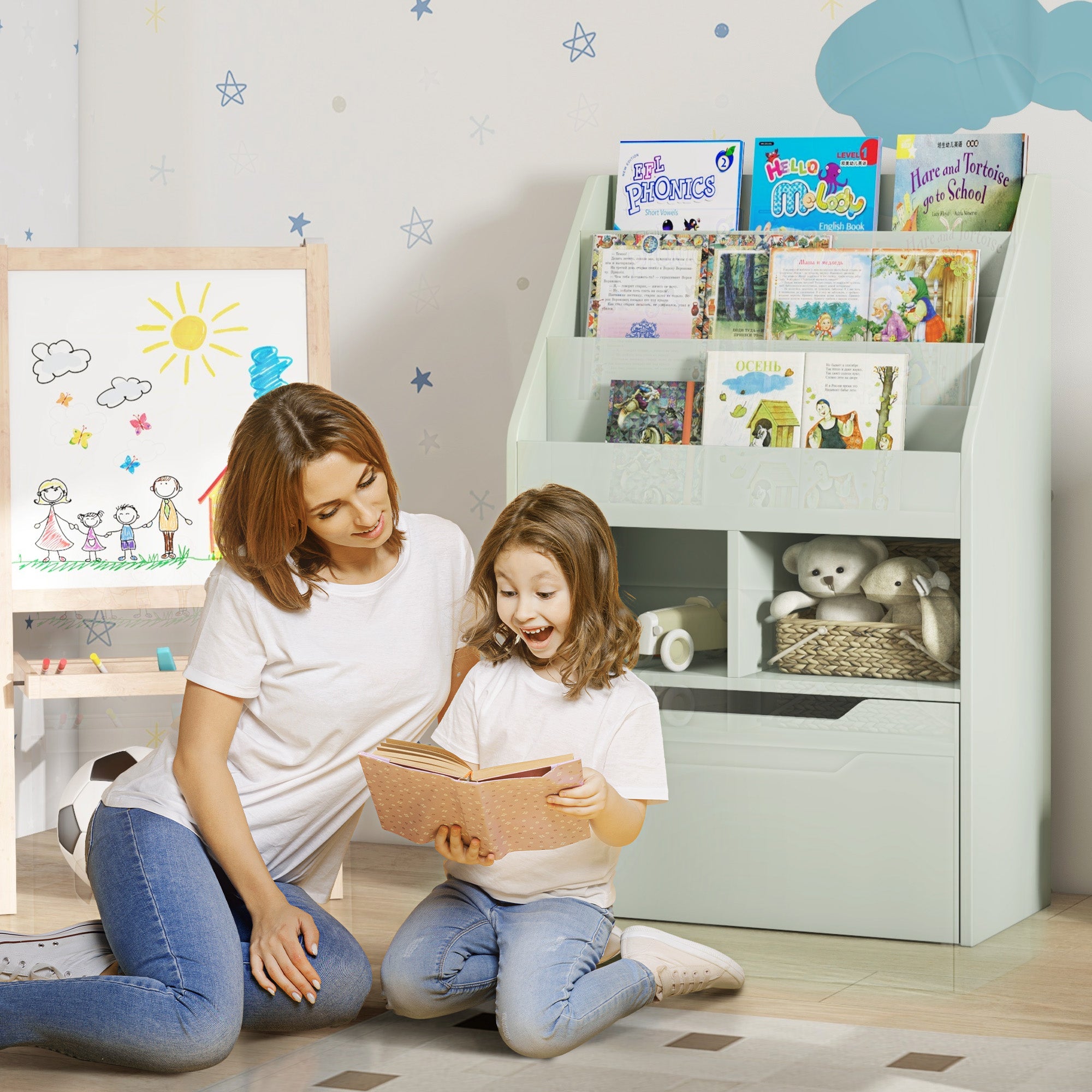 HOMCOM Kinderregal mit Schublade, Bücherregal mit Fächern, 60 x 29,9 x 90 cm, Grün