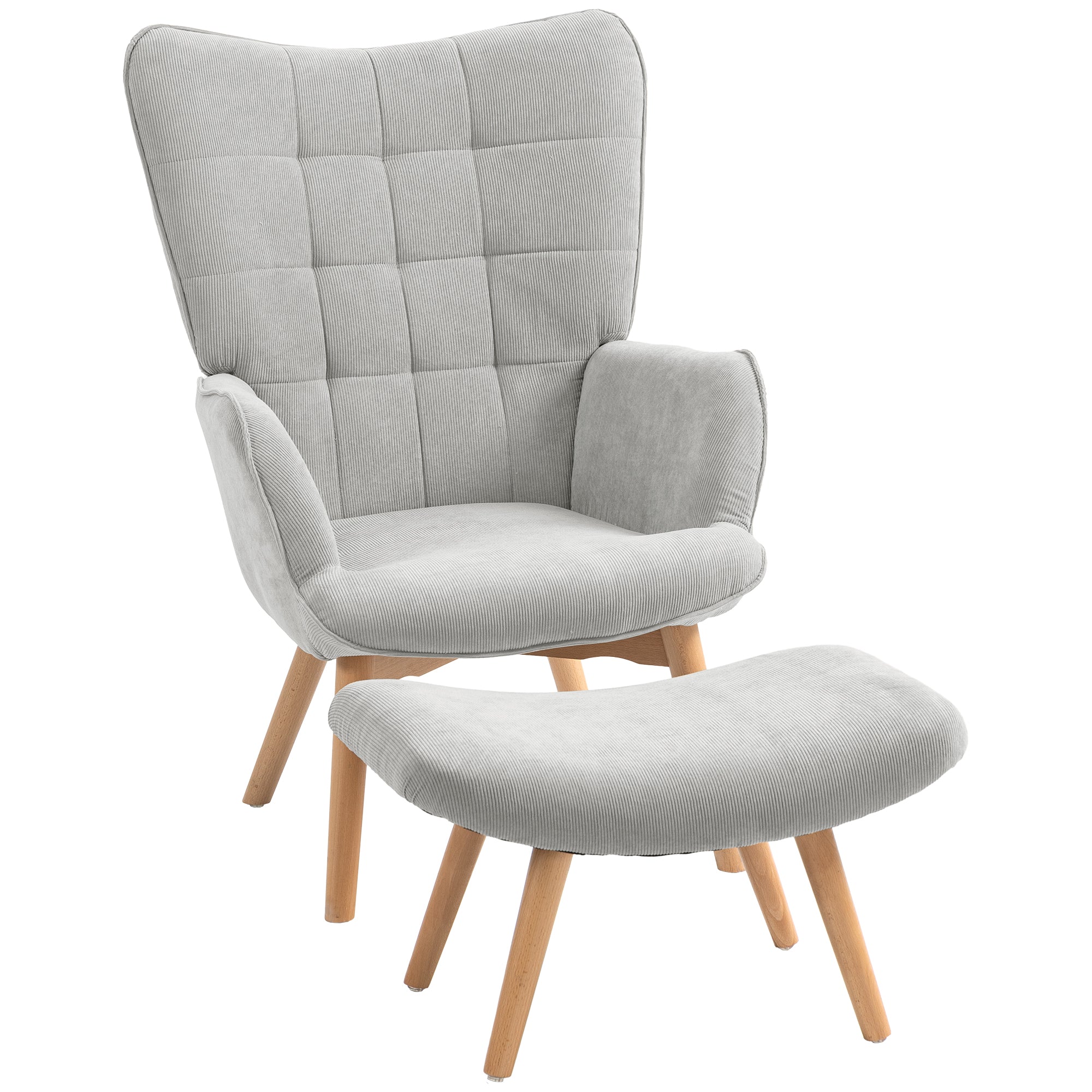 HOMCOM Akzentsessel mit Hocker, Relaxsessel in Cord-Optik, Armlehnstuhl mit Holzbeinen, für Wohnzimmer, Grau