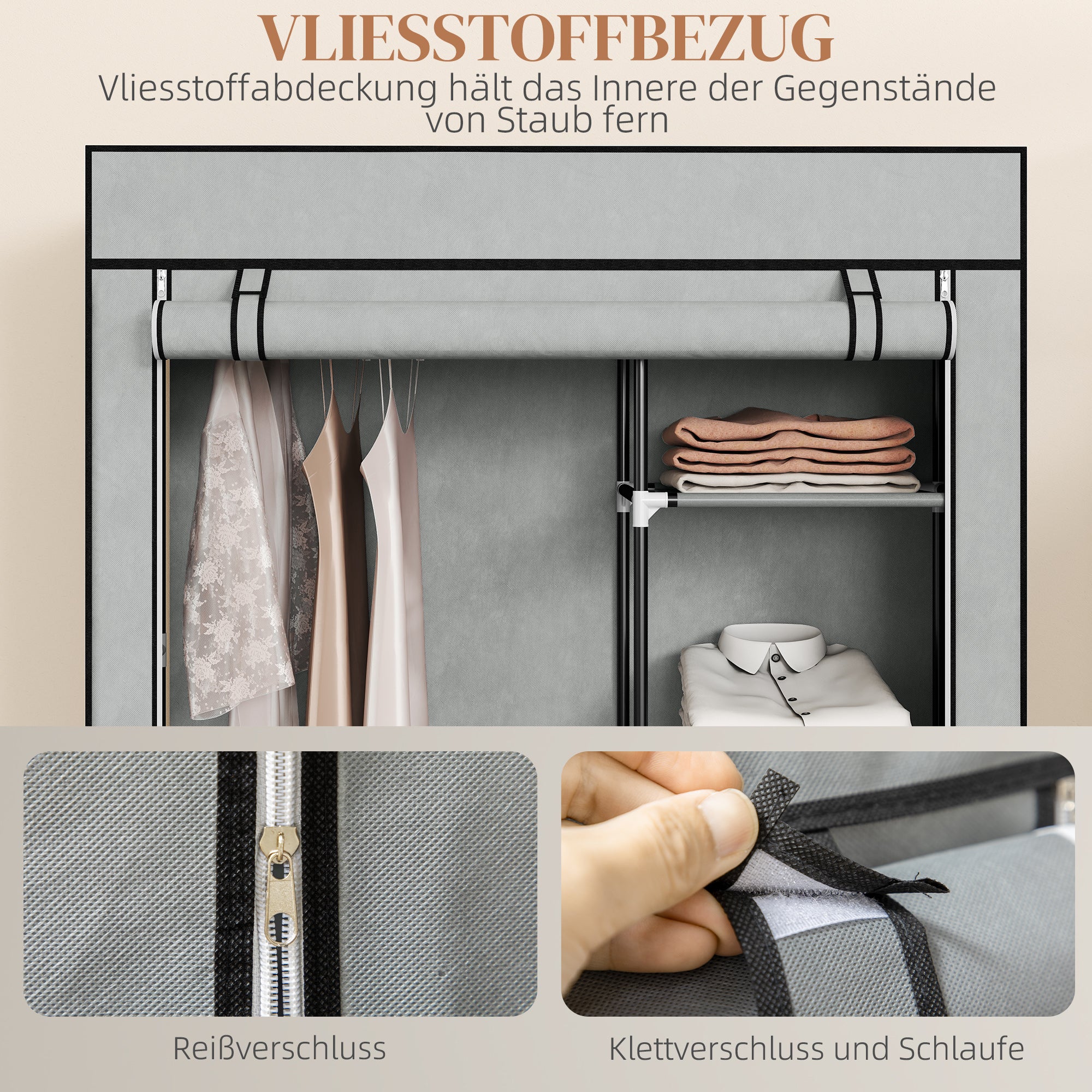 HOMCOM Schrank aus Stoff, Aufbewahrungslösung, 6 Regale, 1 Kleiderstange, Grau