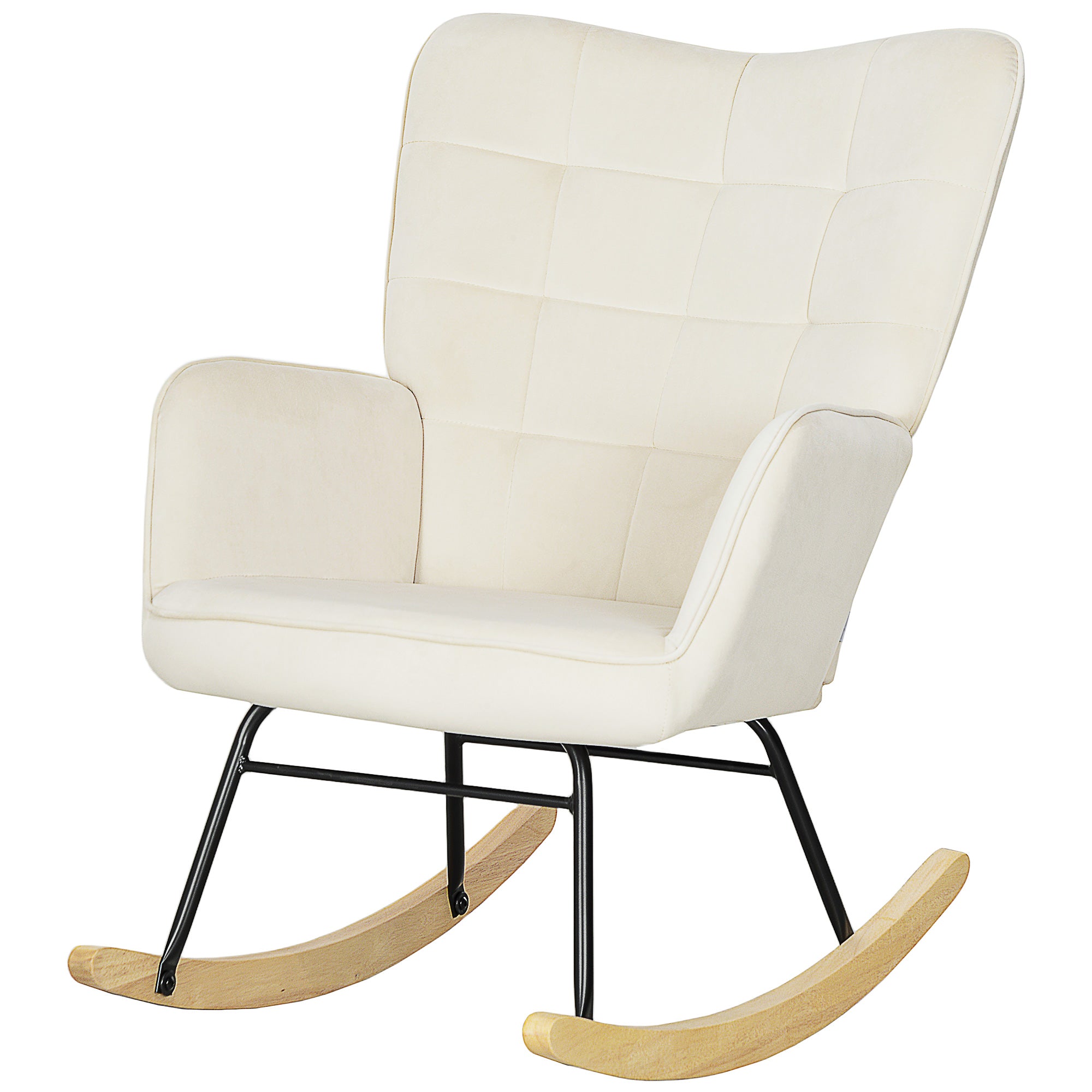 HOMCOM Schaukelstuhl, dicke Polsterung, breite Rückenlehne, Buchenholz/Stahlrahmen, bis 120 kg, Beige