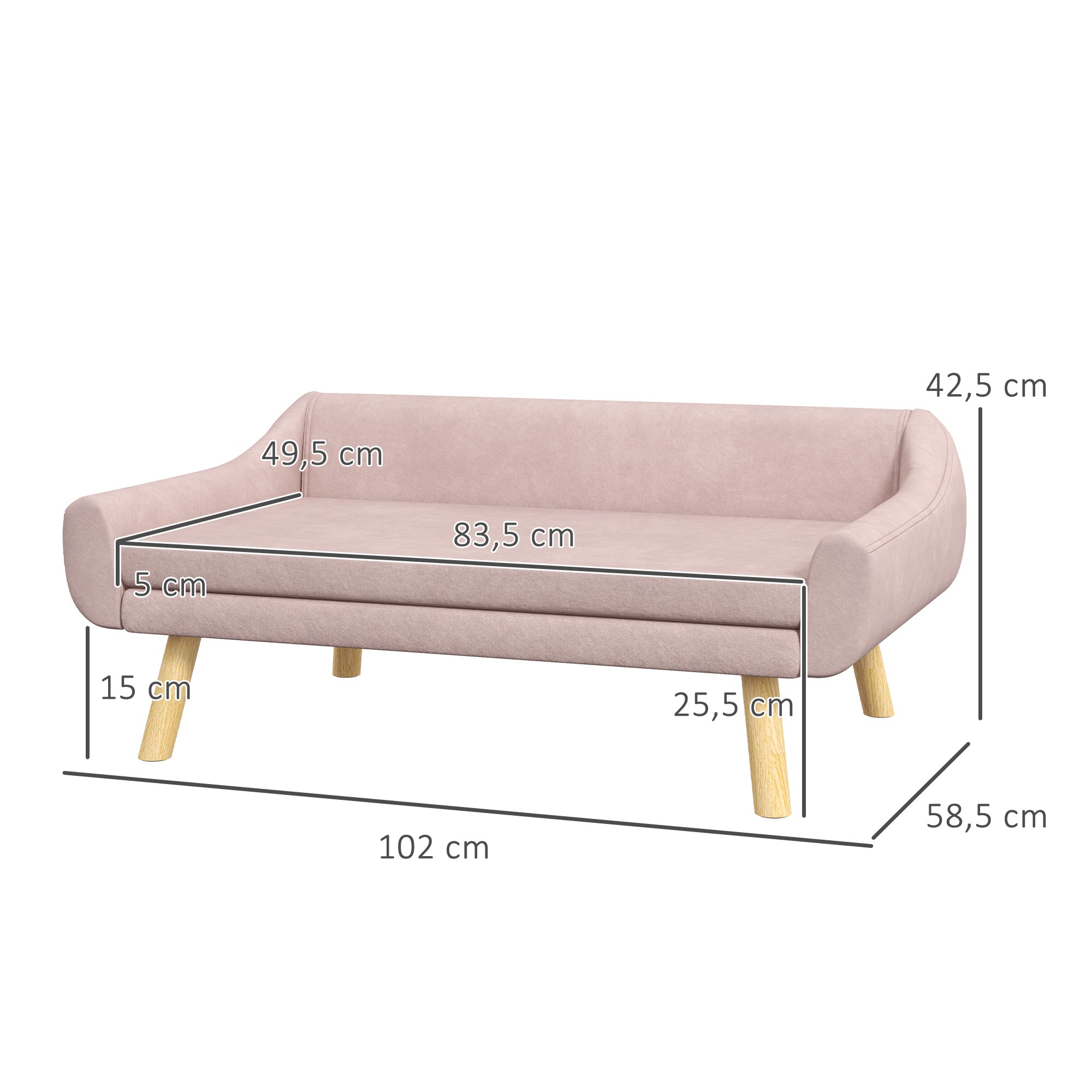 PawHut Haustiersofa Hundesofa, Skandidesign, abnehmbares Polster, Samtoptik, 102 cm x 58,5 cm x 42,5 cm, Rosa + Natur