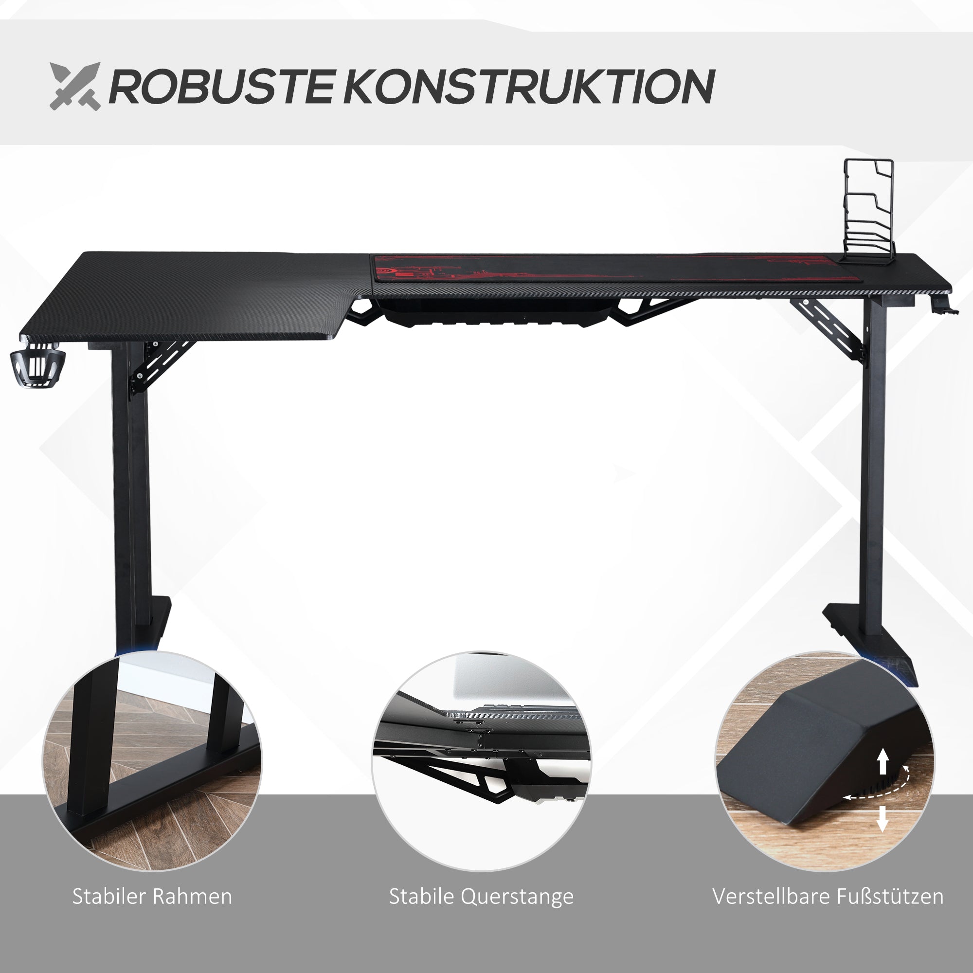 HOMCOM Gaming Tisch Schreibtisch L-förmige mit Kopfhörerhaken Getränkehalterung Computertisch MDF Metall Schwarz+Rot 168 x 109 x 78 cm