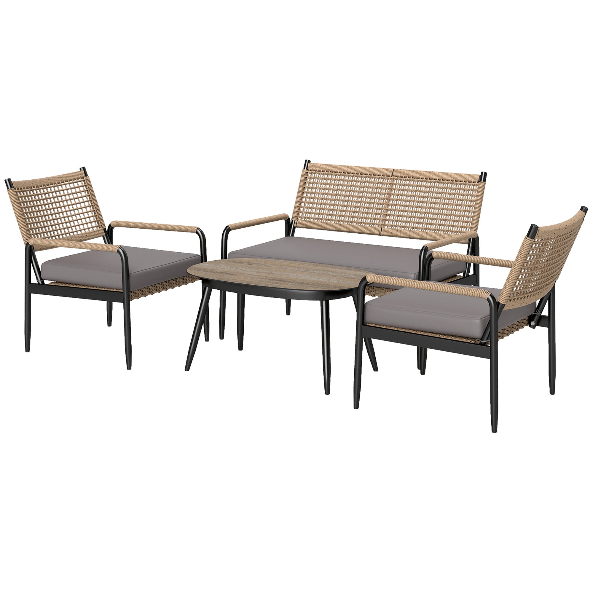 Outsunny Gartenmöbel Set aus Polyrattan Lounge-Set mit 2er Sofa Sessel Glastisch Kissen für 4 Personen Dunkelgrau+Gelb