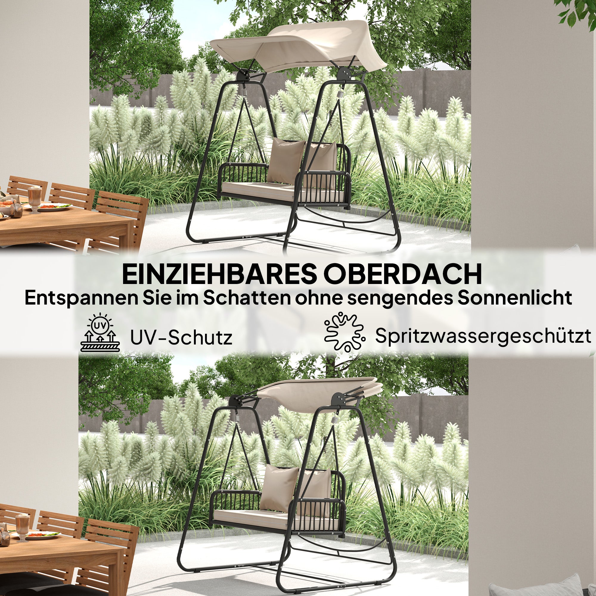 Outsunny Hollywoodschaukel Rattan 2-Sitzer Gartenschaukel mit Sonnendach Kissen bis 240 kg 149 x 121 x 180 cm Khaki