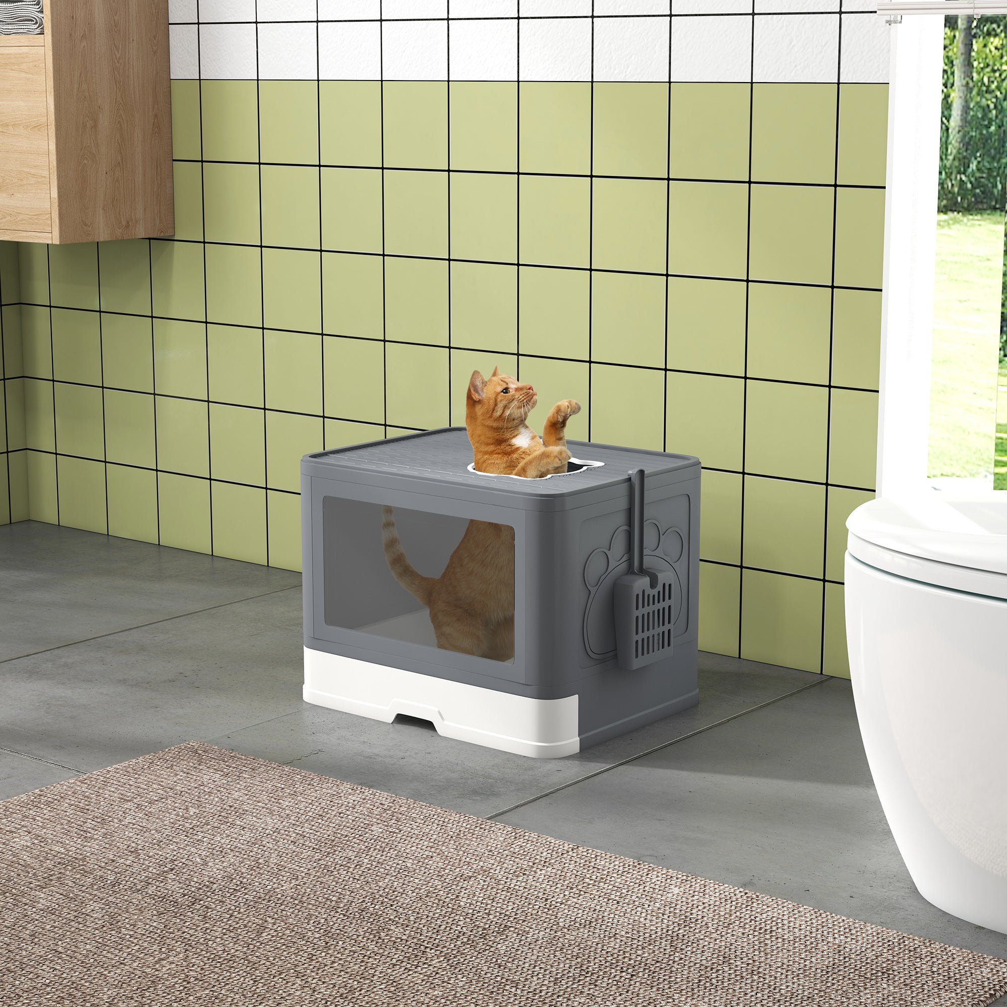 PawHut Katzentoilette Katzenklo Katzentoillete mit Abdeckung, 2 Ausgänge, 48,5 x 38 x 36,5 cm, Grau + Weiß