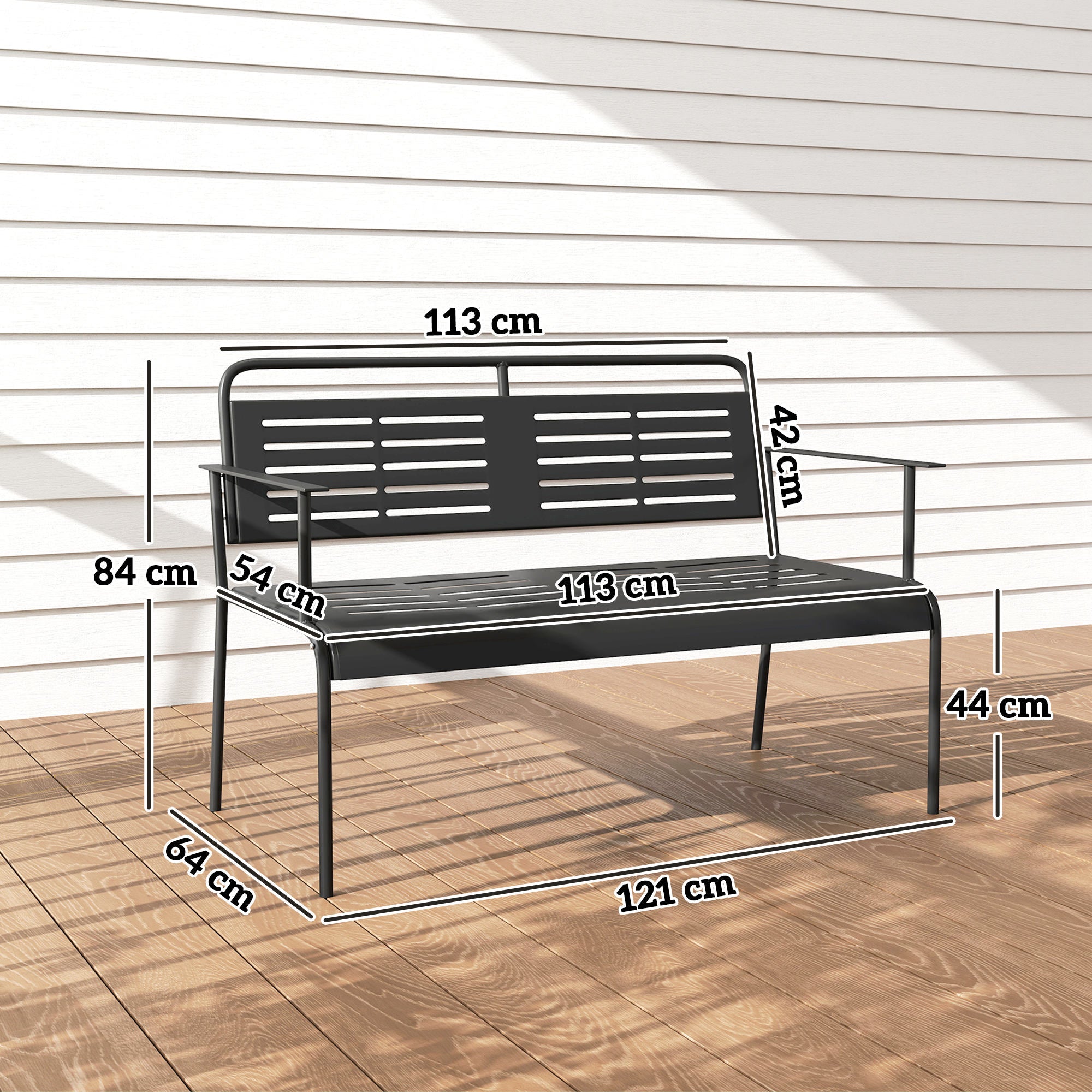 Outsunny -Sitzer Gartenbank, wetterfest Sitzbank, wasserabweisend Gartenmöbel mit Rücken- & Armlehnen 121 x 64 x 84cm, Schwarz