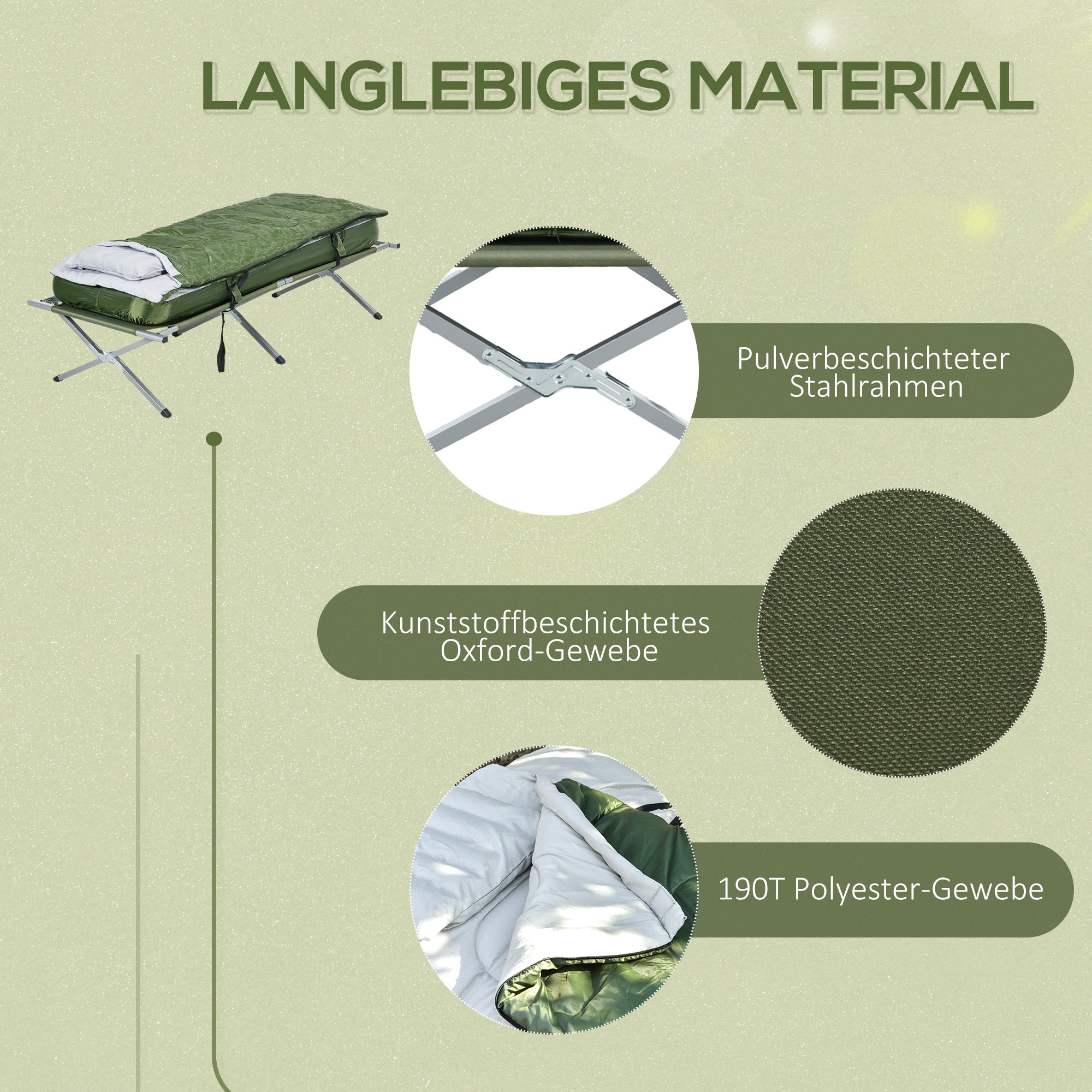 Outsunny Campingbett Feldbett, 5-teiliges-Set, inkl. Transporttasche, 193 x 86 x 43/63 cm, Grün