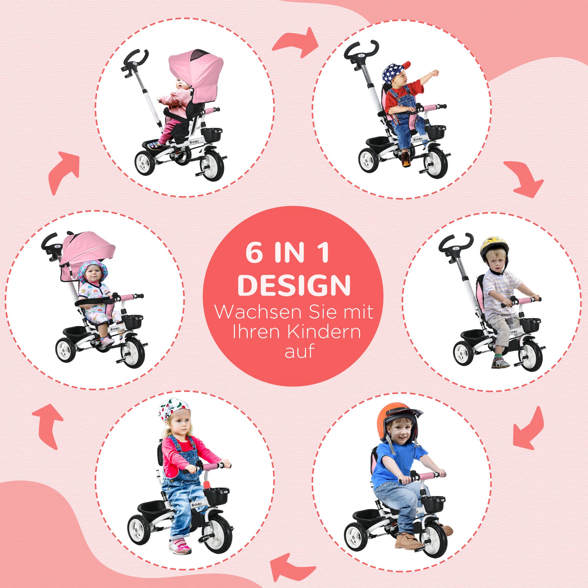 HOMCOM 6-in-1 Kinderdreirad mit Schiebestange, Dach, Gurt, Ablagekorb, 18+ Monate, Rosa