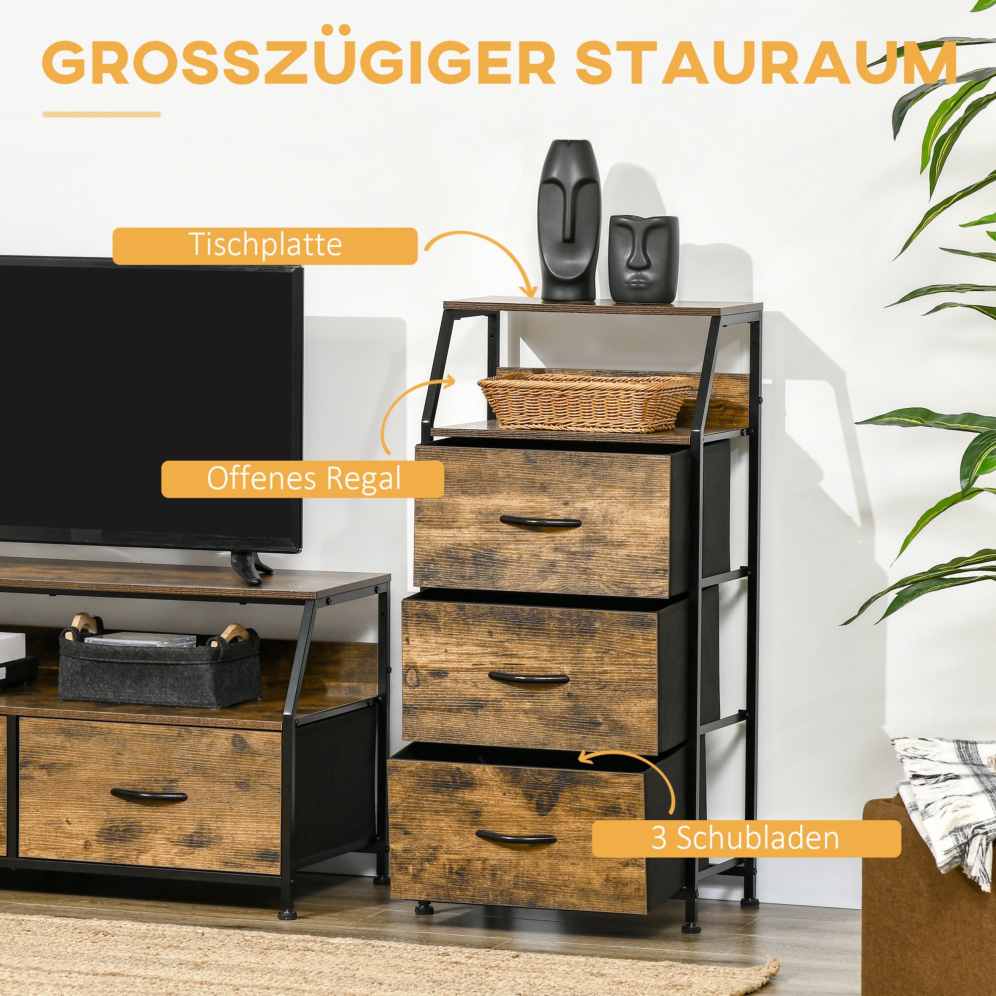 HOMCOM Aufbewahrungsschrank, Stoffschubladen, MDF-Regale, Stahlrahmen, Braun