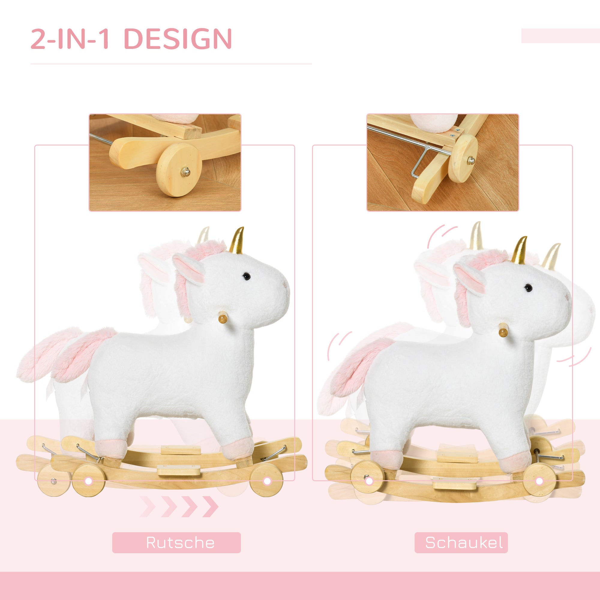 HOMCOM 2-IN-1 Schaukelpferd mit Räder Plüsch Schaukeltier Babyschaukel Spielzeug Weiß 63 x 38 x 63 cm