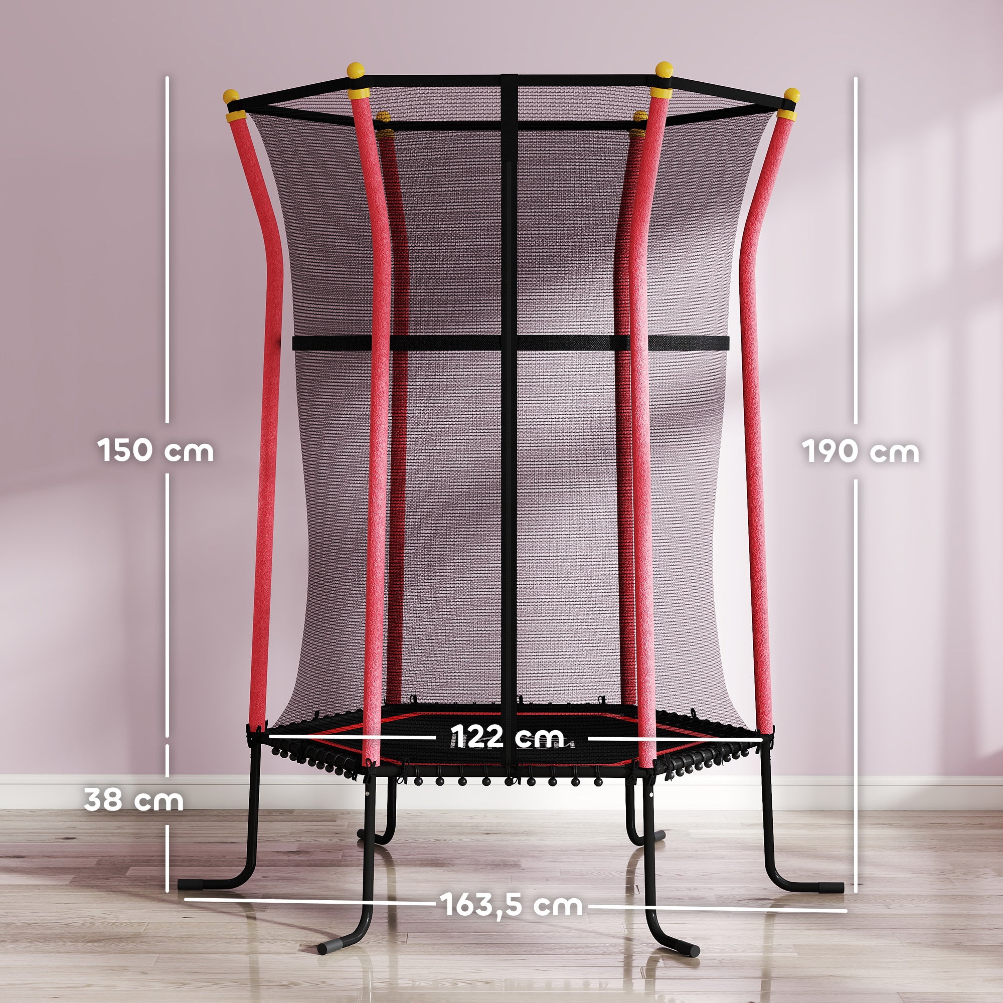 HOMCOM Trampolin für Kinder, Ø163,5 cm, mit Sicherheitsnetz, gepolstert, Stahl, belastbar bis 50 kg, Schwarz & Rot