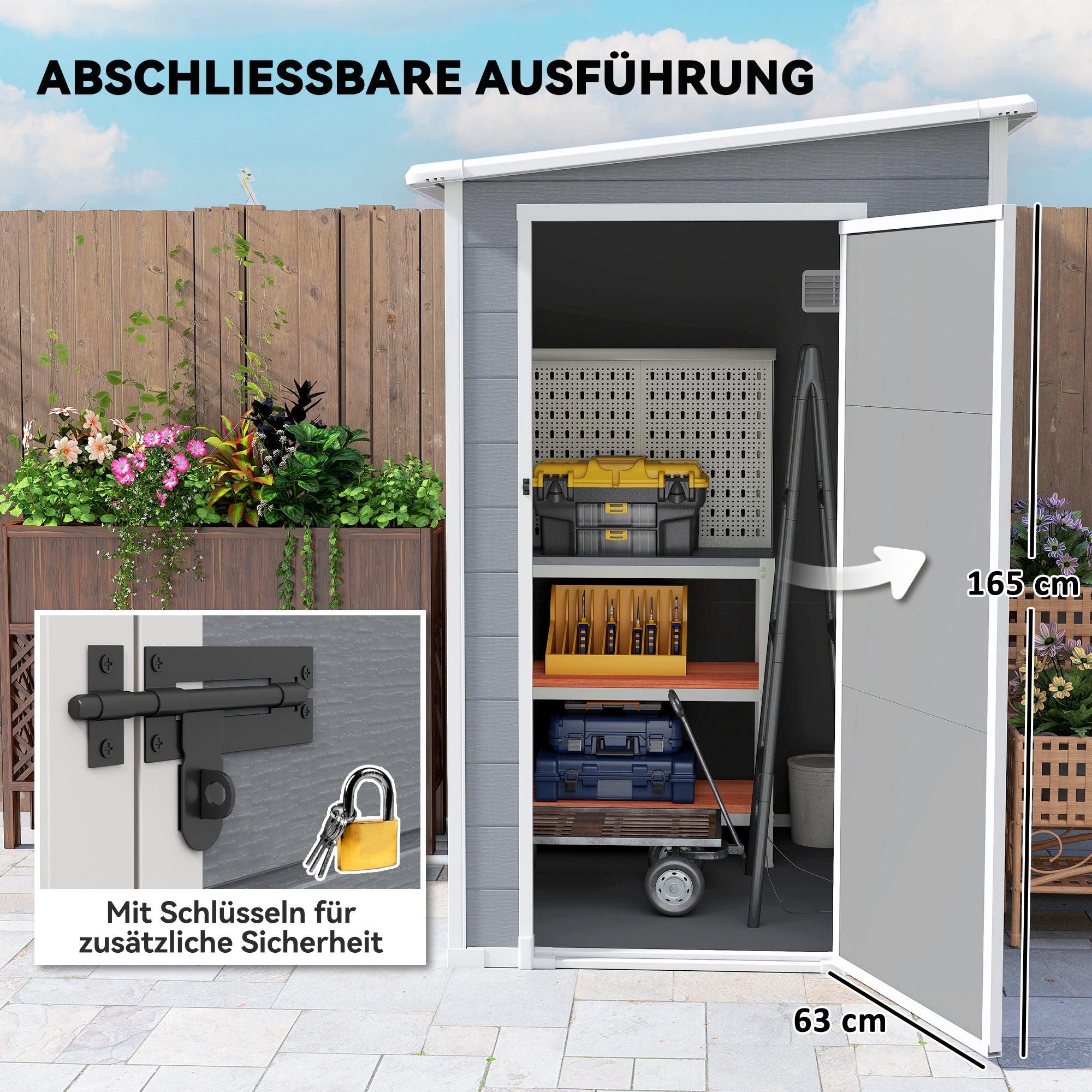 Outsunny Geräteschuppen, Tür mit Schloss, Fenster für Tageslicht & Belüftung, Aluminium, 122 x 149 x 192/177 cm Grau