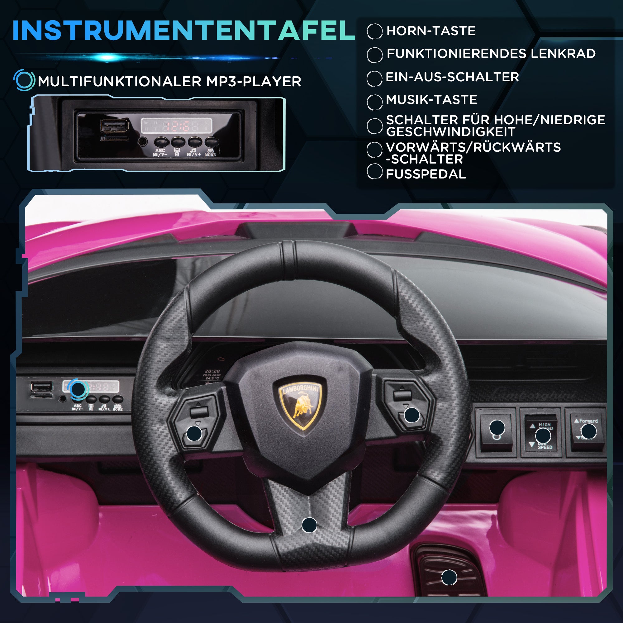 HOMCOM Kinder-Elektroauto, Lamborghini, 3-5 km/h, Fernsteuerung, für 3-5 Jahre, Rosa