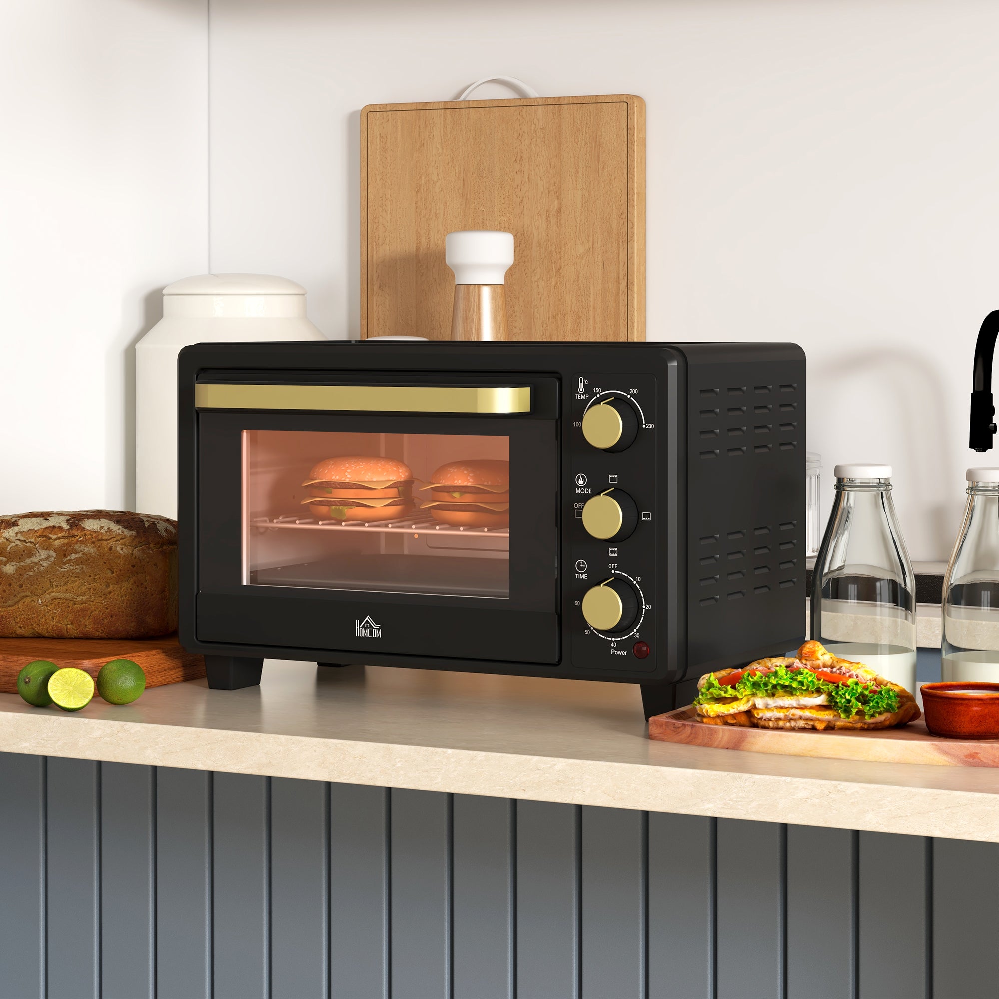 HOMCOM Mini-Ofen, Toasterofen, Timer, Gitterrost, Backblech, Glasfenster, Metall, Schwarz