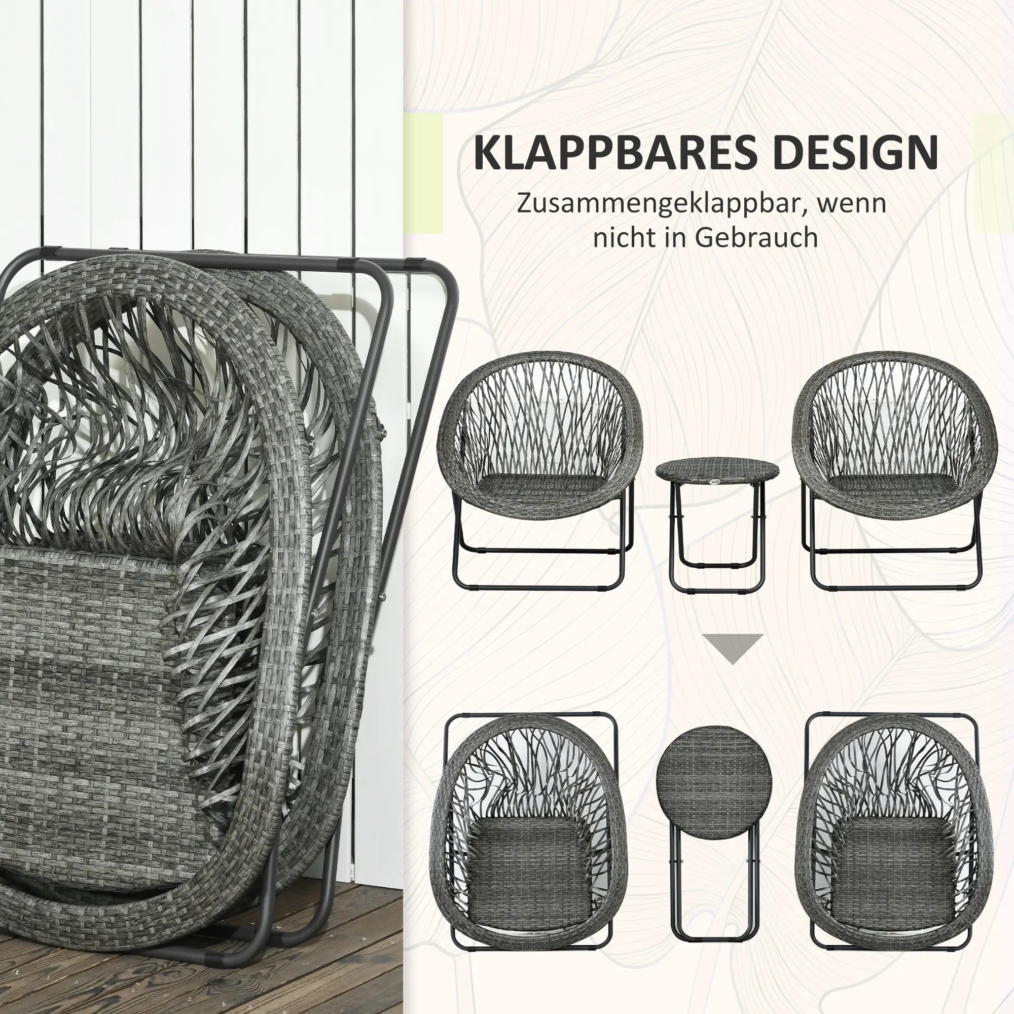 Outsunny Gartenmöbel-Set, 3-teilig, Rattanoptik, 2 Stühle, 1 Tisch, klappbar, Grau