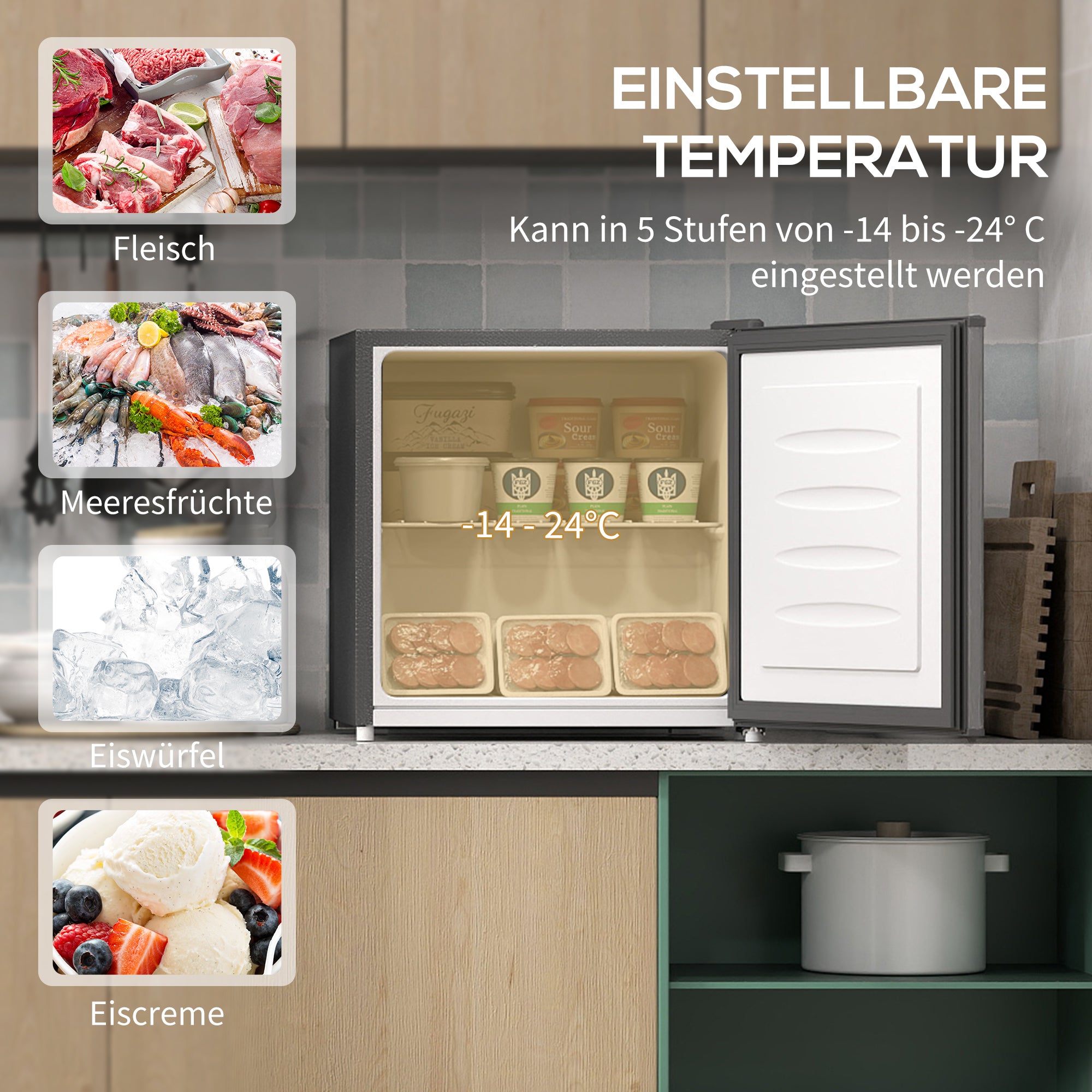 HOMCOM Mini-Gefrierschrank 35 L Gefrierbox elektrisch freistehend 161W Mini Gefriertruhe 47 x 44,2 x 48,8 cm Grau