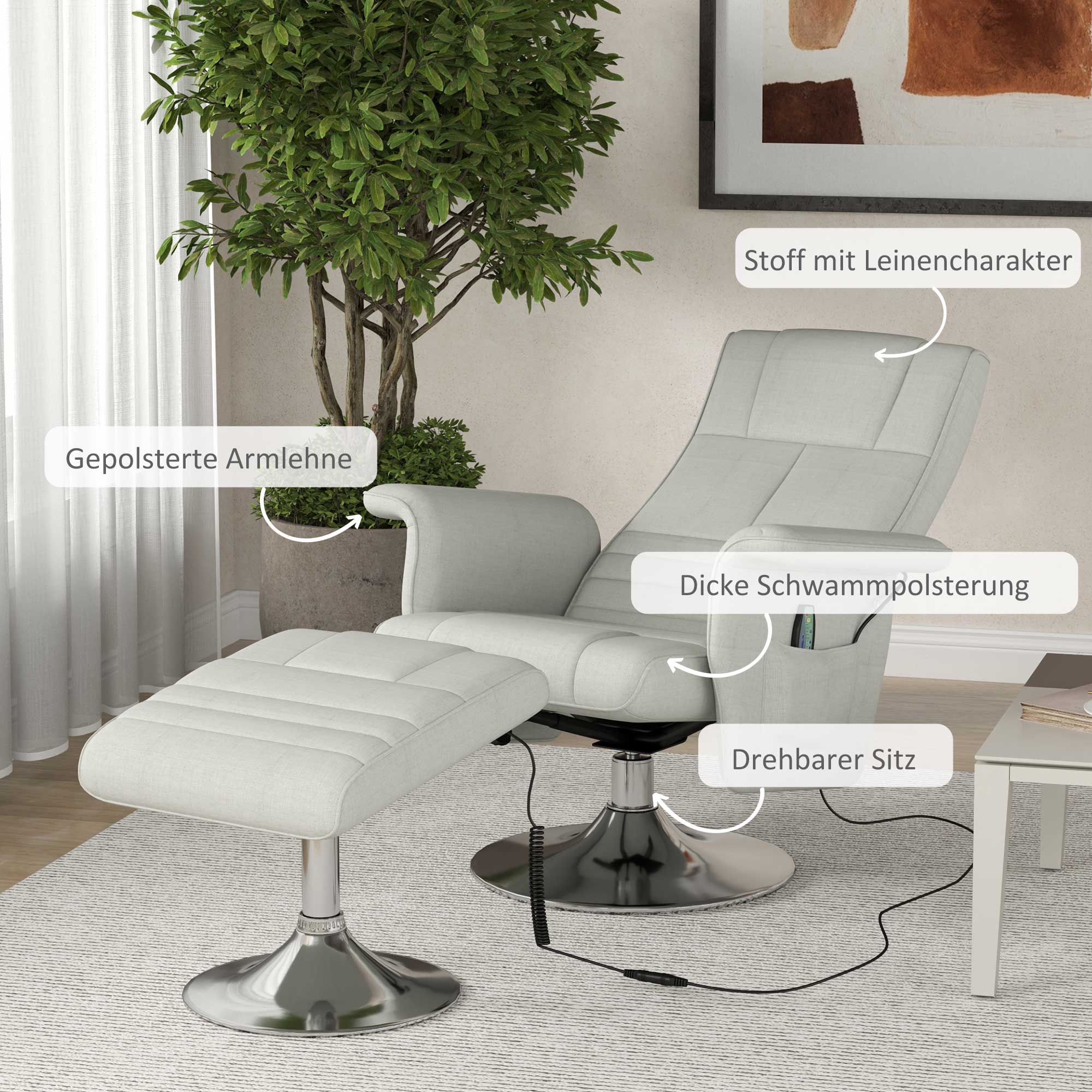 HOMCOM Massagesessel mit Hocker, neigbare Lehne, 78 x 95 x 88 cm, Creme