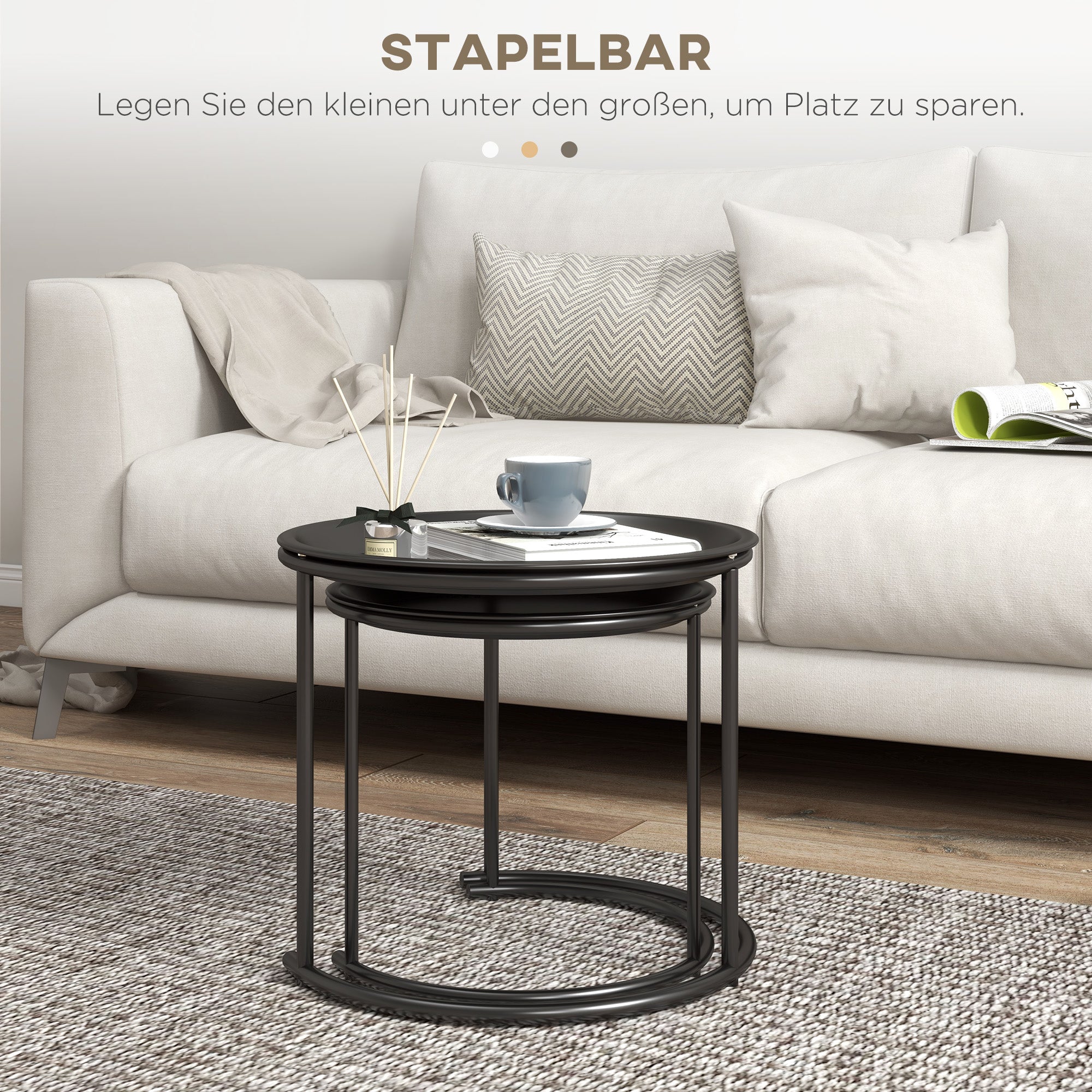 HOMCOM 2er-Set Beistelltische aus Metall, ineinander verschiebbar, Tischplatten als Tabletts verwendbar, Schwarz