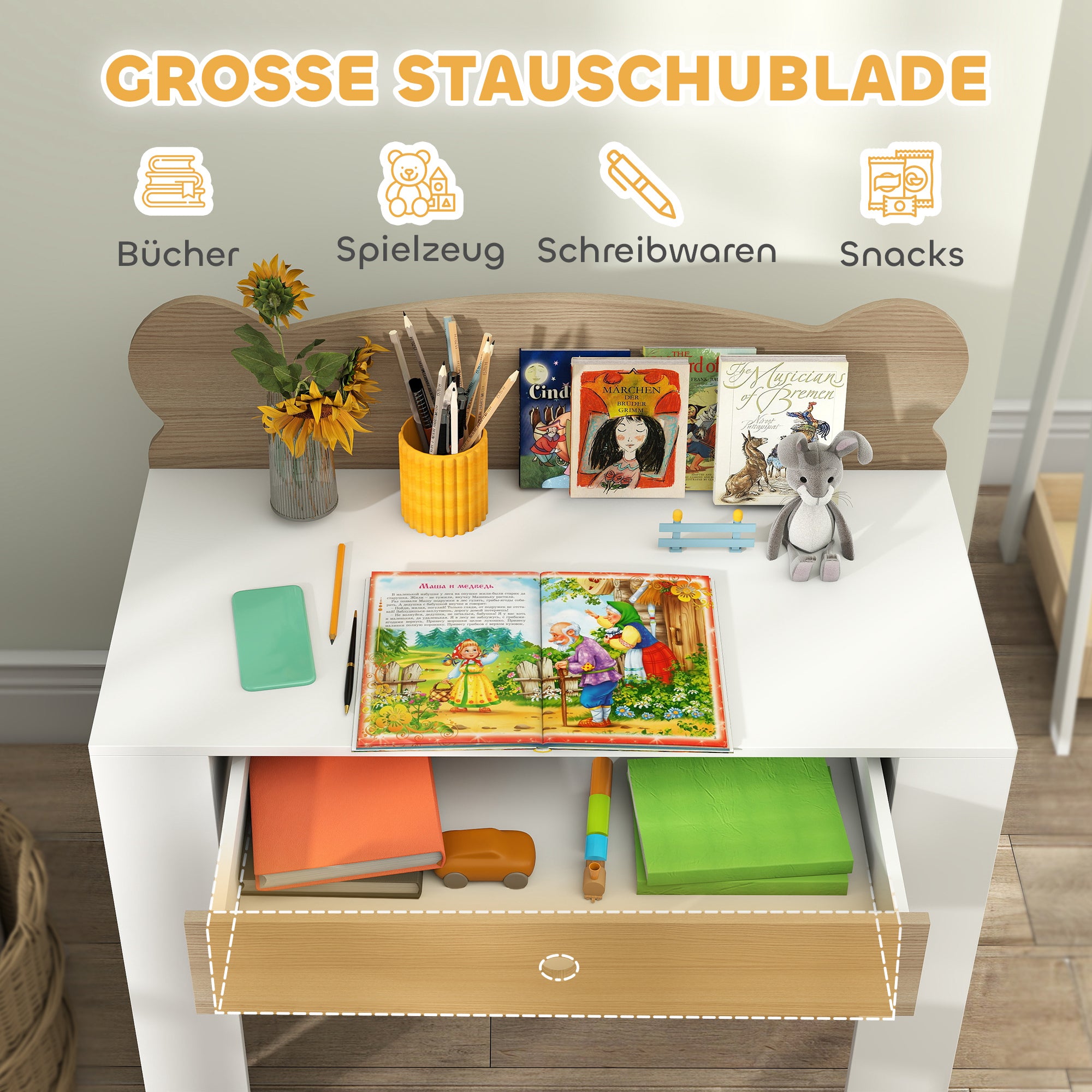 AIYAPLAY Schreibtisch-Set für Kinder, Arbeitstisch und Stuhl mit Bärenform, Schublade, zum Schreiben und Basteln, 3-8 Jahre, Naturholz