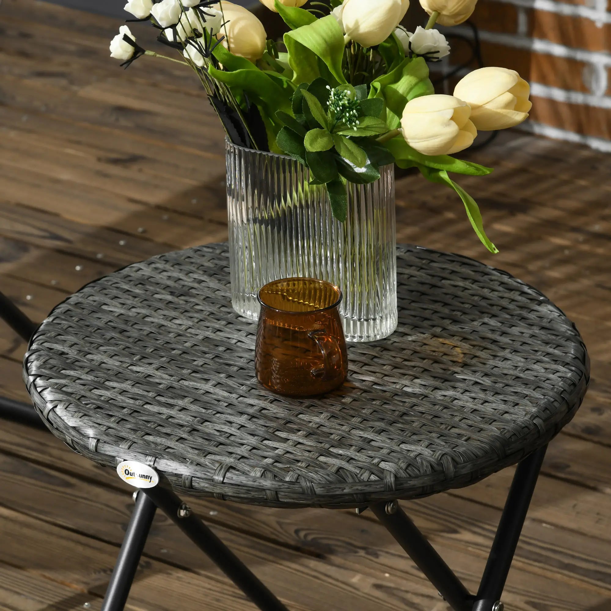 Outsunny Gartenmöbel-Set, 3-teilig, Rattanoptik, 2 Stühle, 1 Tisch, klappbar, Grau