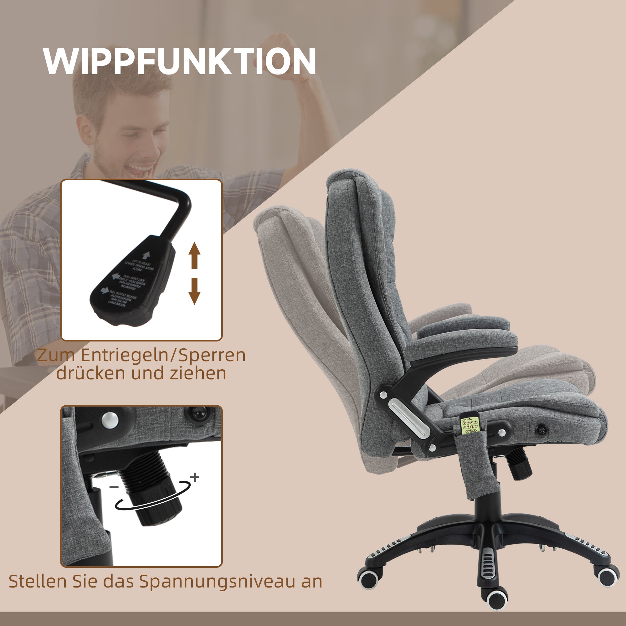 Vinsetto Bürostuhl  Massagesessel mit Wärmefunktion, Ergonomischer Chefsessel, Höhenverstellbarer Drehstuhl, Gamingstuhl mit Massage, Dunkelgrau, 68 x 72 x 110–120 cm
