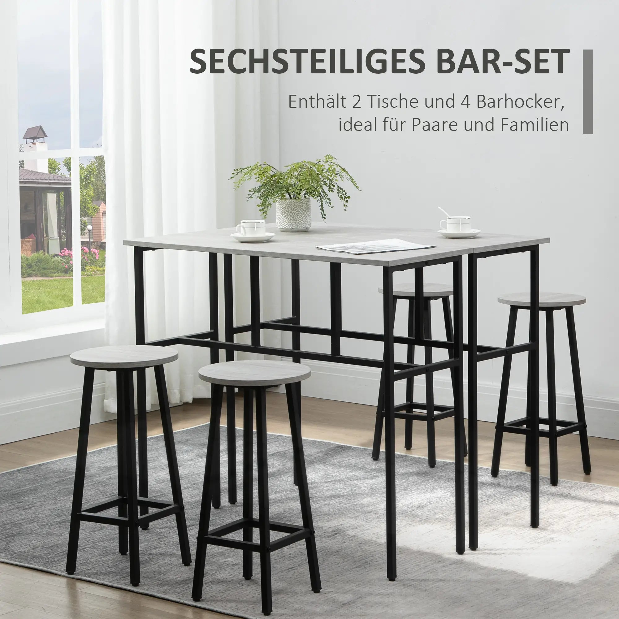 HOMCOM Bartisch-Set im Industriedesign, 6-teilig, 2 Tische und 4 Barhocker, Grau + Schwarz