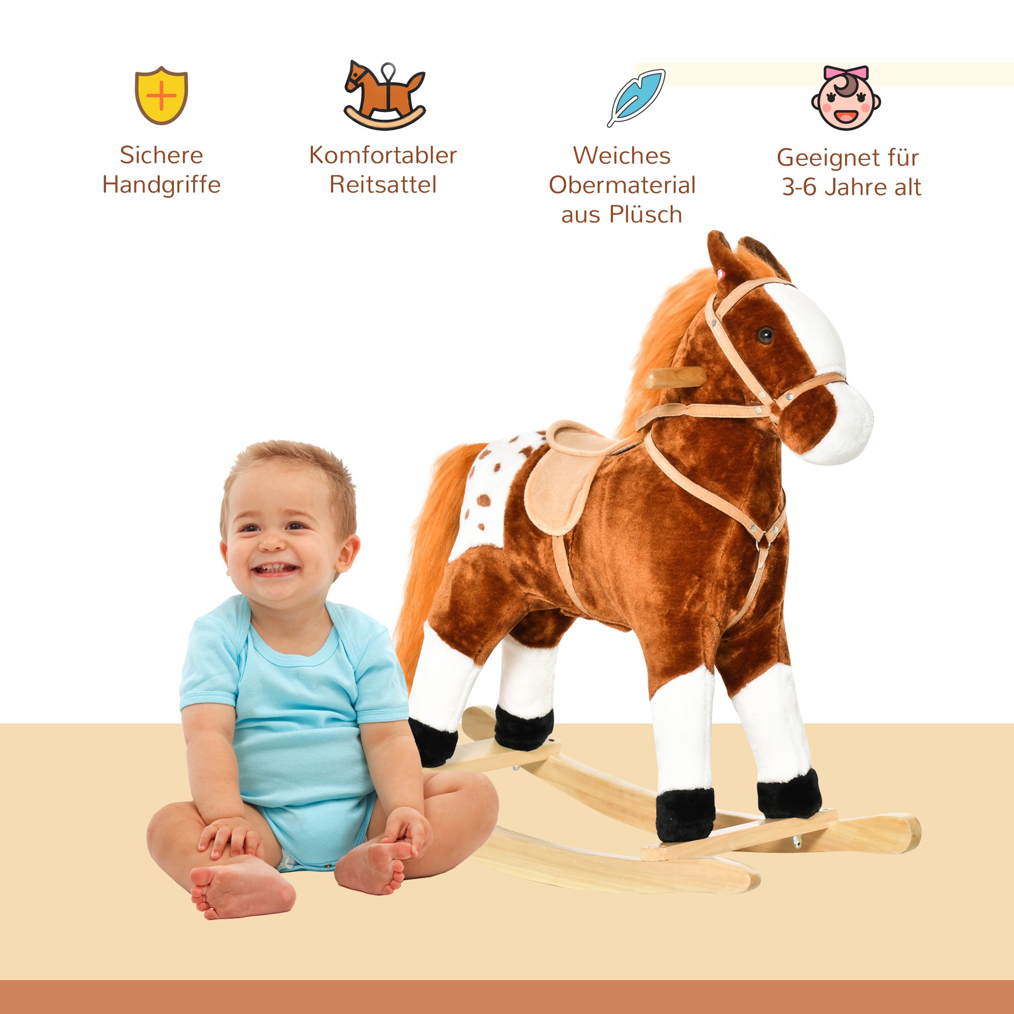 HOMCOM Kinder Schaukelpferd Schaukeltier Schaukelspielzeug Wiehern Braun 74x28x65cm