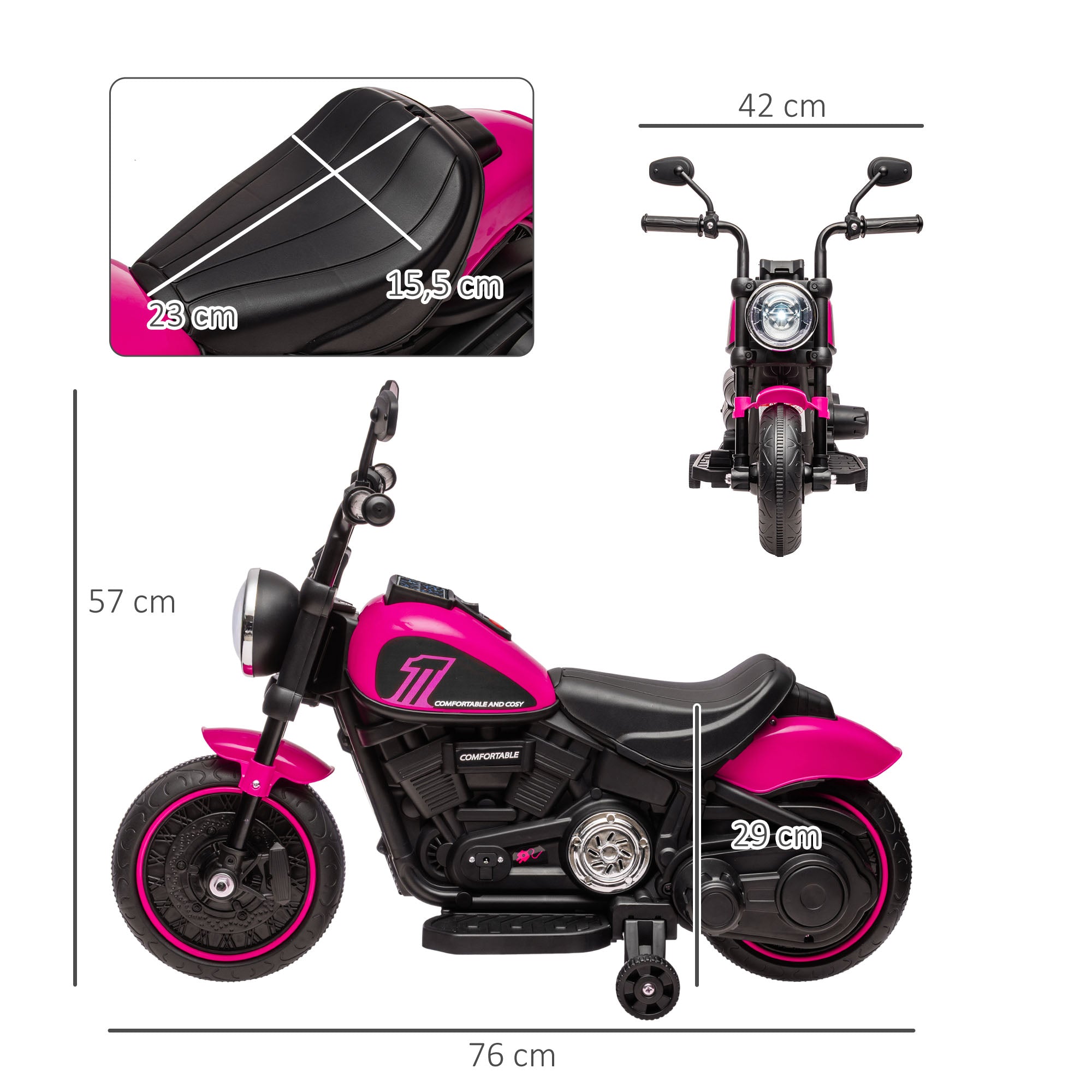 HOMCOM Elektro-Kindermotorrad mit Stützrädern, Scheinwerfer, 1,5 bis 3 km/h, für Kinder 1,5 bis 3 Jahren, pink