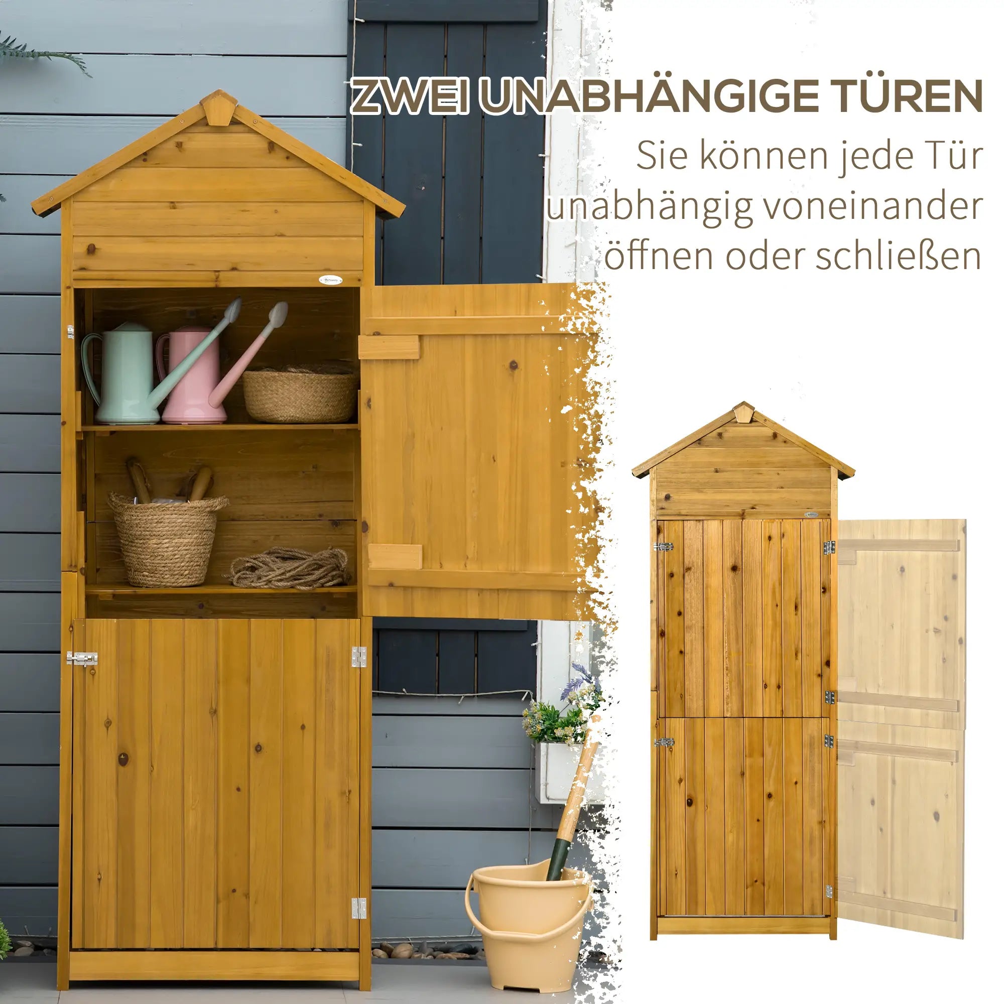 Wetterfestes Gerätehaus aus Holz mit Regalen & Türen