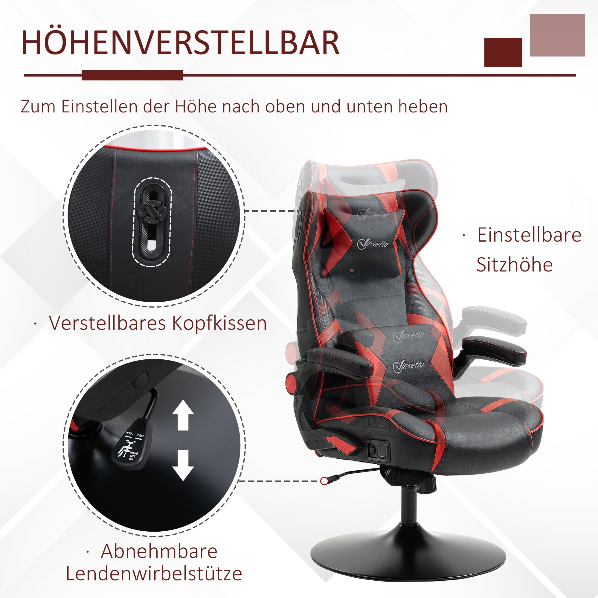 Vinsetto Gamingsessel, Gamingstuhl, integrierte Lautsprecher, neigbare Rücklehne, schwarz+rot, 69 x 73 x 118cm