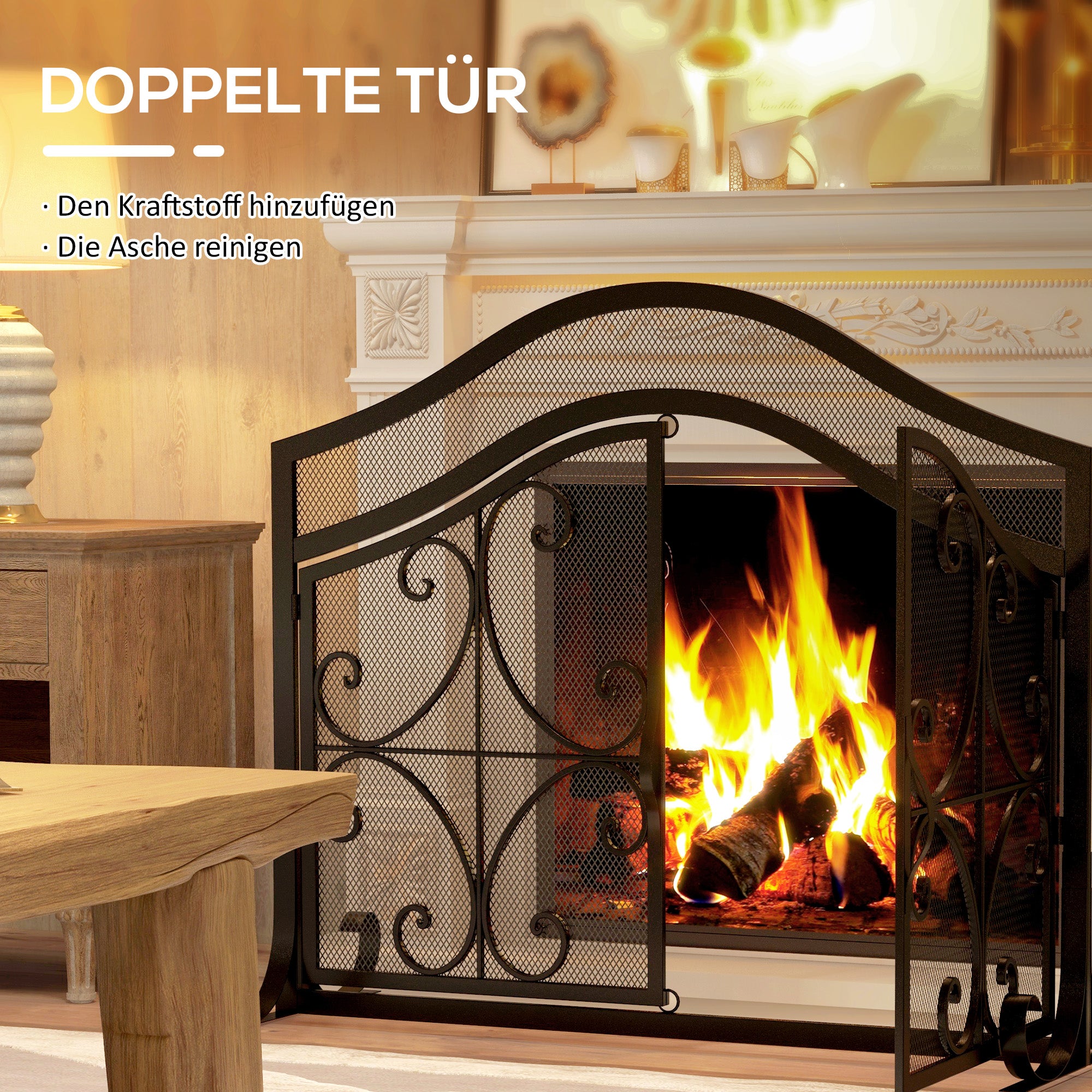 HOMCOM Funkenschutz für Kamine, elegantes Muster, doppeltürig, magnetische Türen, Schwarz, 105 x 40 x 80,5 cm