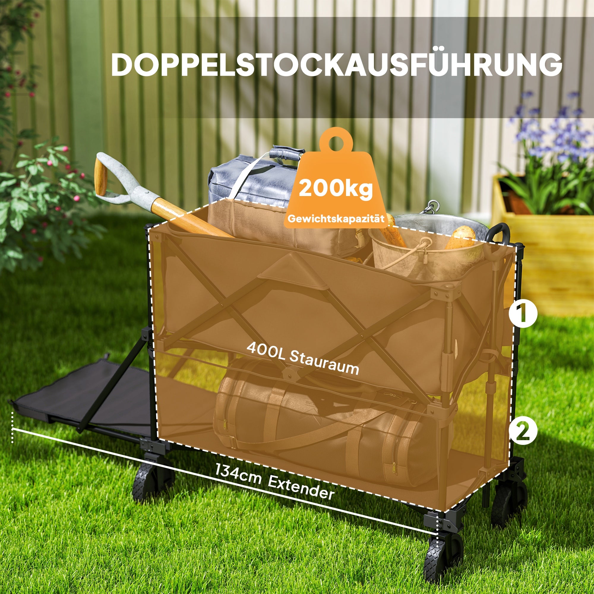 Outsunny Gartenwagen 200 kg belast zweistufige Transportwagen mit herausnehmbare Plane 369,5 Liter Schwarz