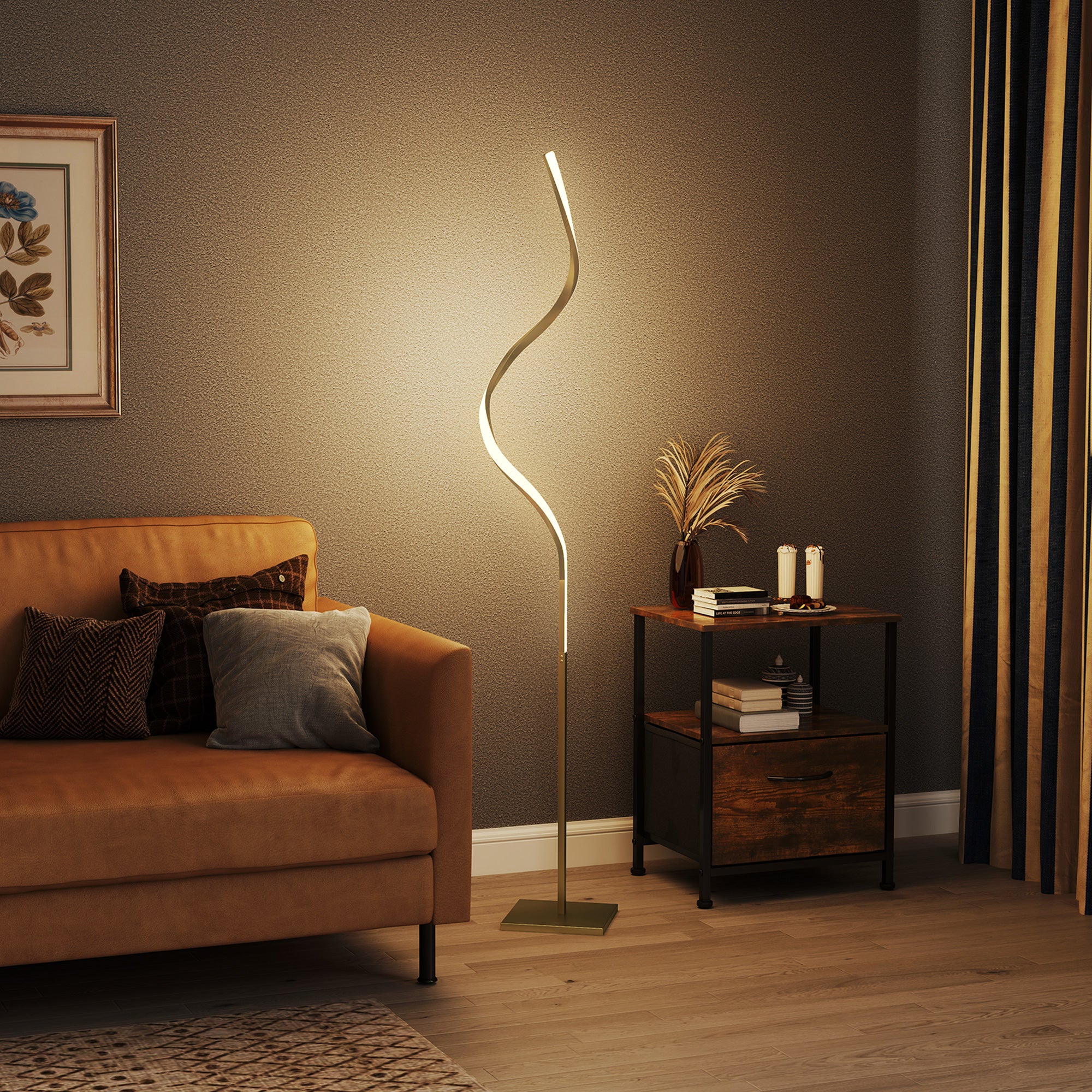 HOMCOM Stehleuchte im Spiraldesign, Fußschalter, 3 Helligkeitsstufen, 1,46 m, Gold