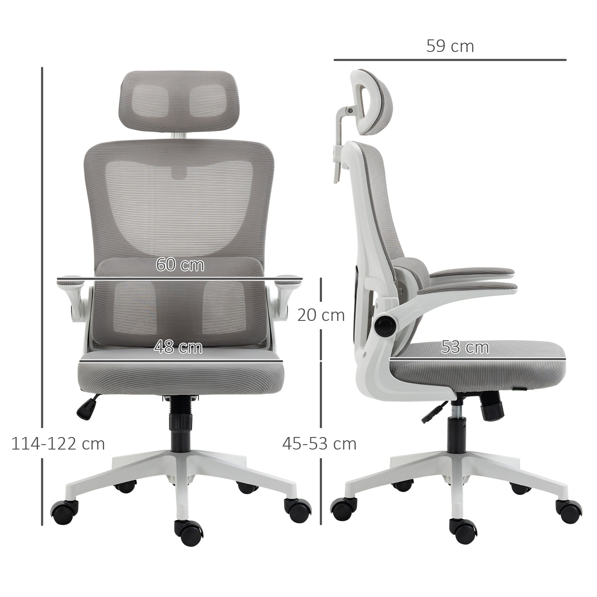 Vinsetto Bürostuhl, höhenverstellbar, neigbare Rückenlehne, verstellbare Kopfstütze, bis 120 kg, 60x59x114-122 cm, Grau