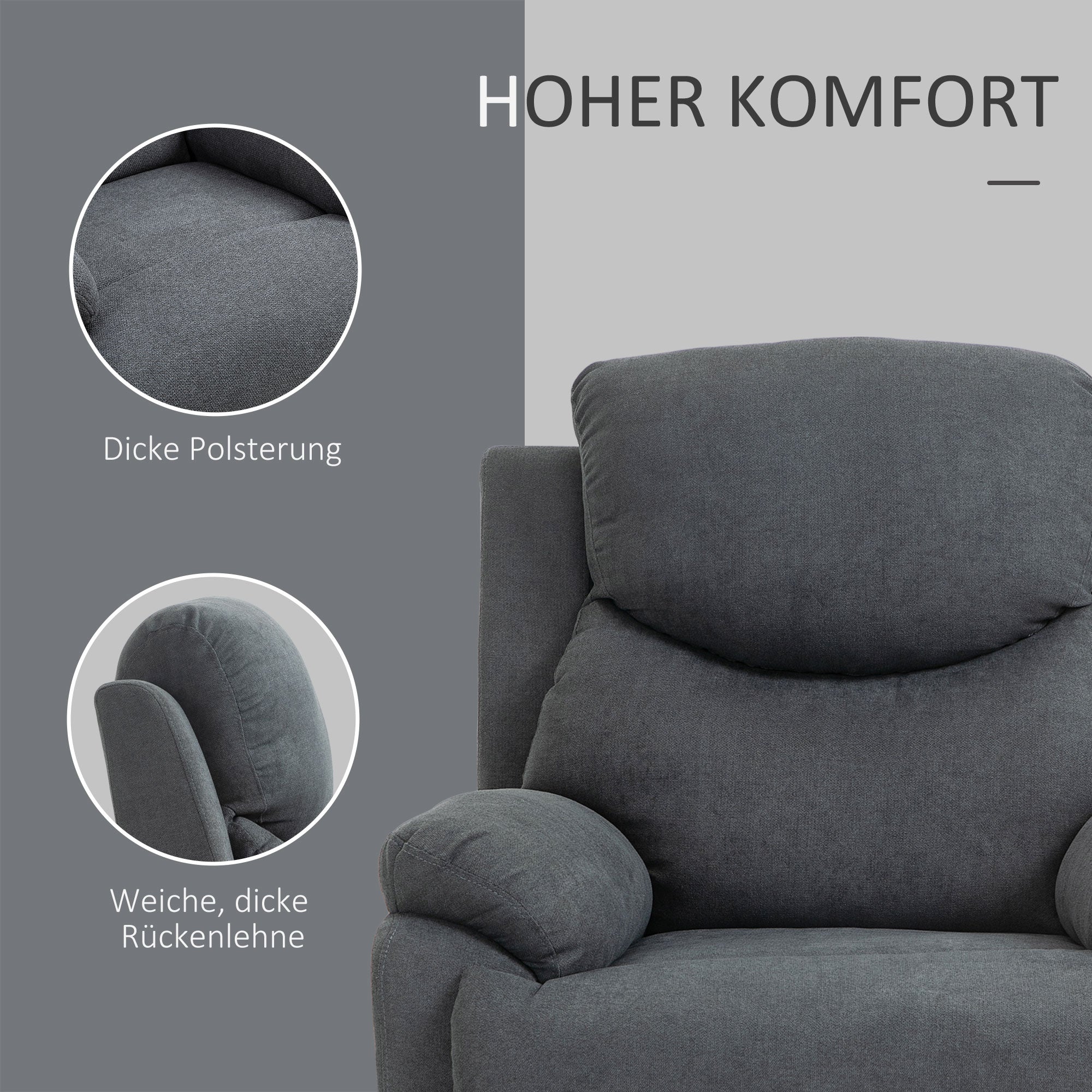 HOMCOM Sessel mit Liegefunktion für Wohnzimmer, 150° neigbar, Leinenoptik, Dunkelgrau