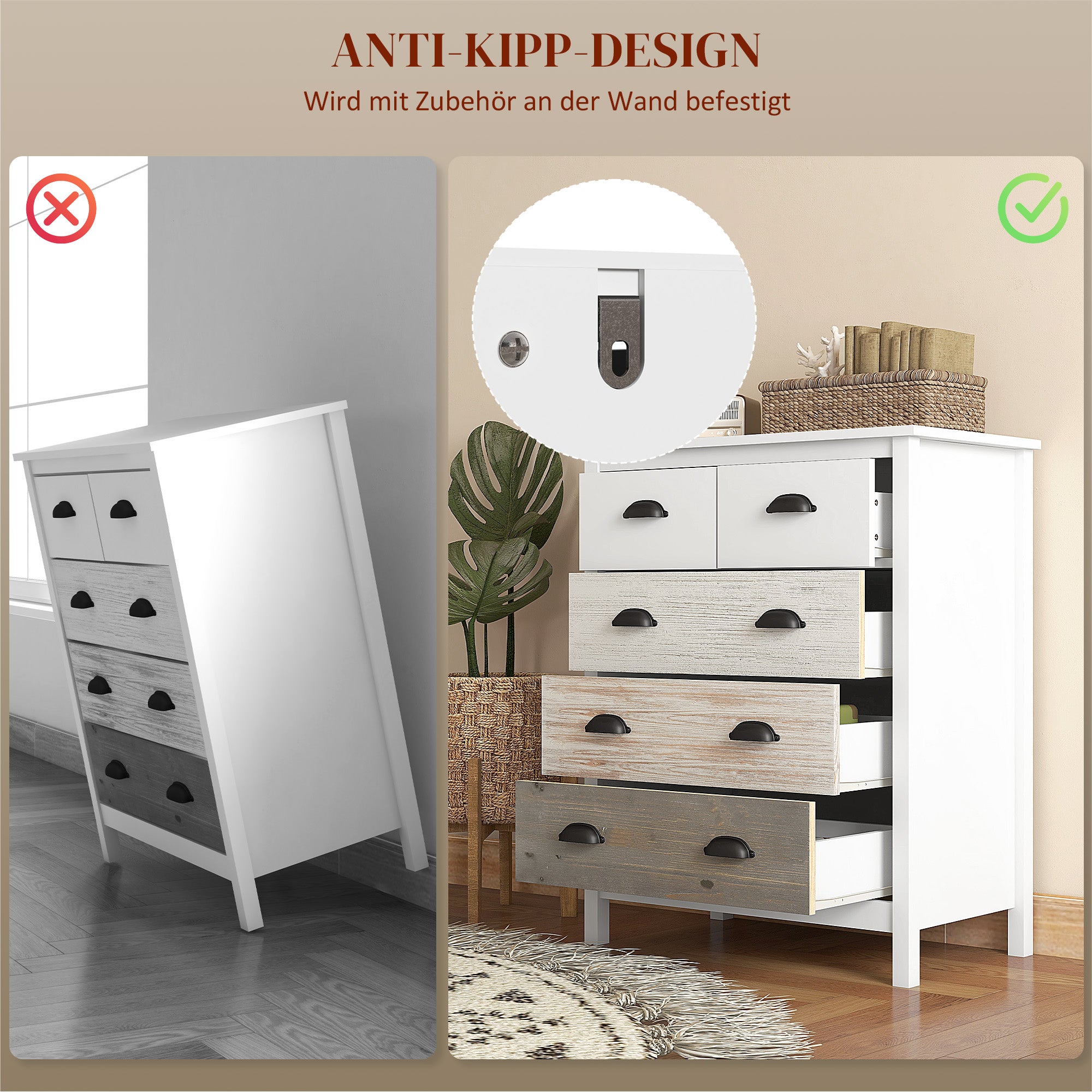 HOMCOM Sideboard, Kommode, 5 Schubladen, lackierte Oberfläche, MDF & Kiefernholz, 70 x 38 x 85 cm, Weiß