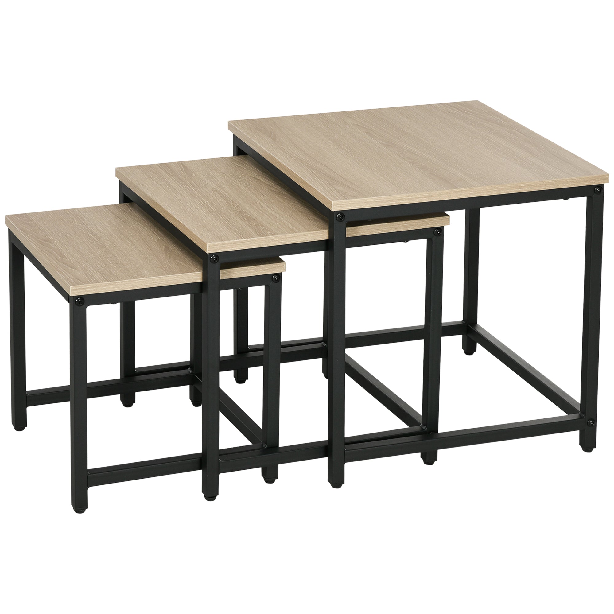 HOMCOM Satztisch-Set aus 3 Beistelltischen, Industrial Design, schwarzer Stahlrahmen, Tischplatte in Holzoptik
